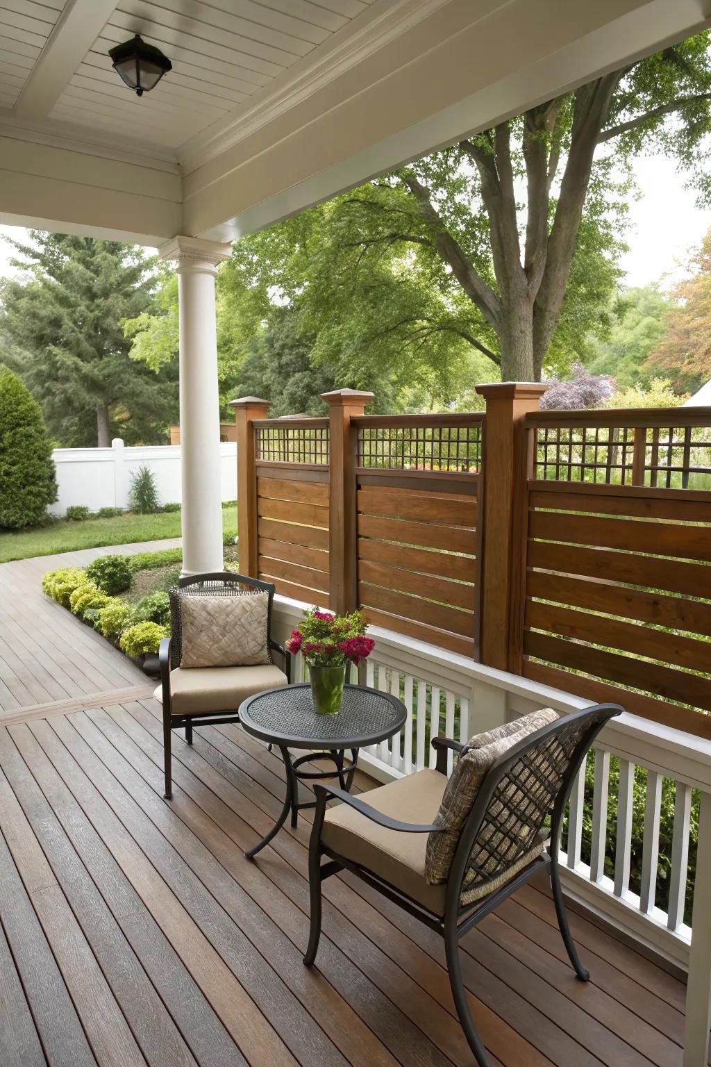 Privacy panels provide stylish seclusion on your porch.