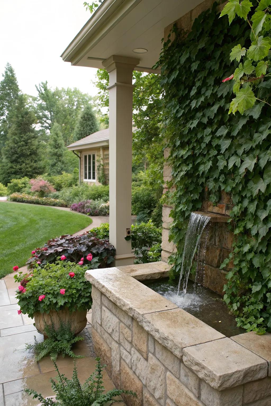 A water feature adds tranquility to a retaining wall.