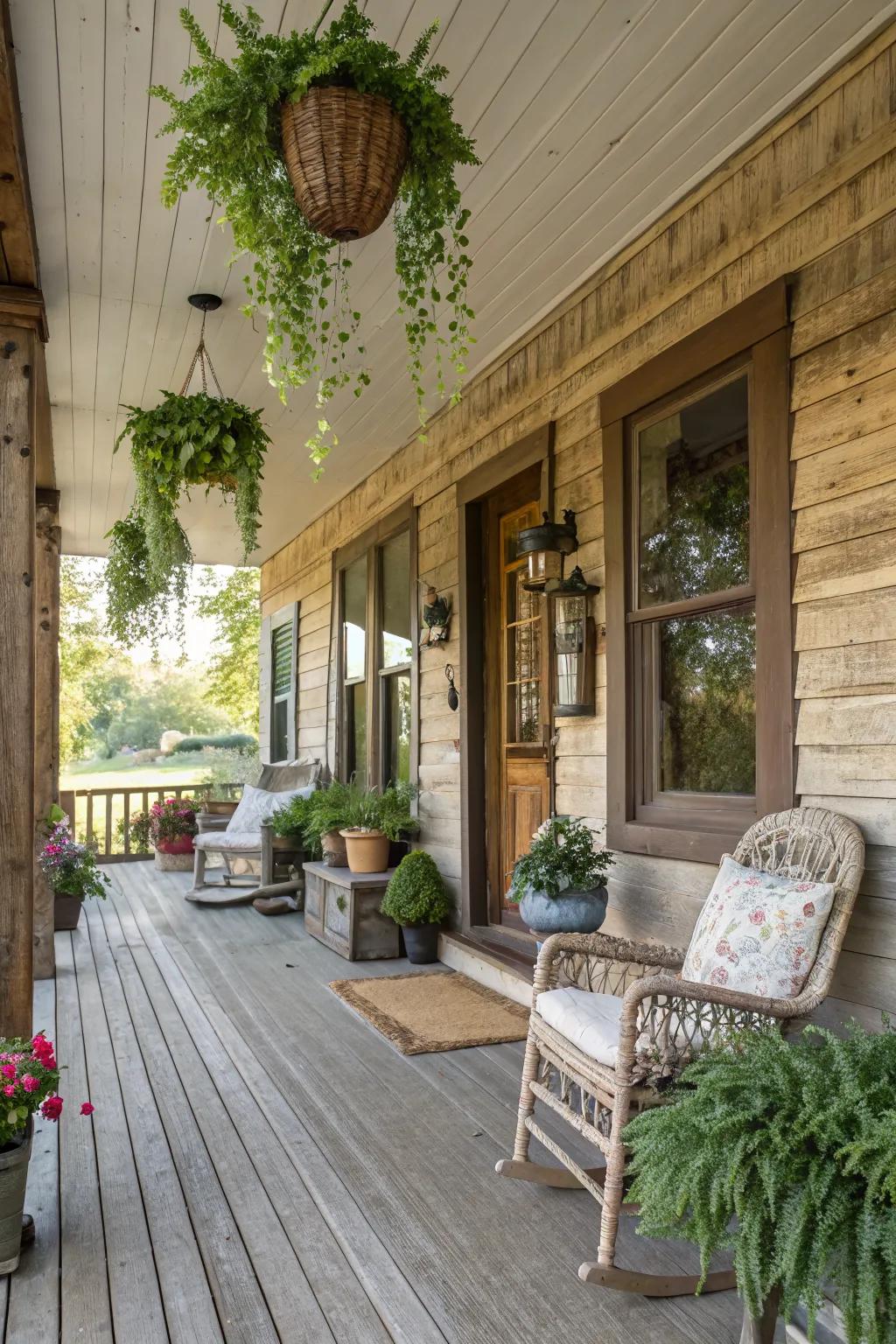 Eco-friendly front porch with reclaimed wood siding.