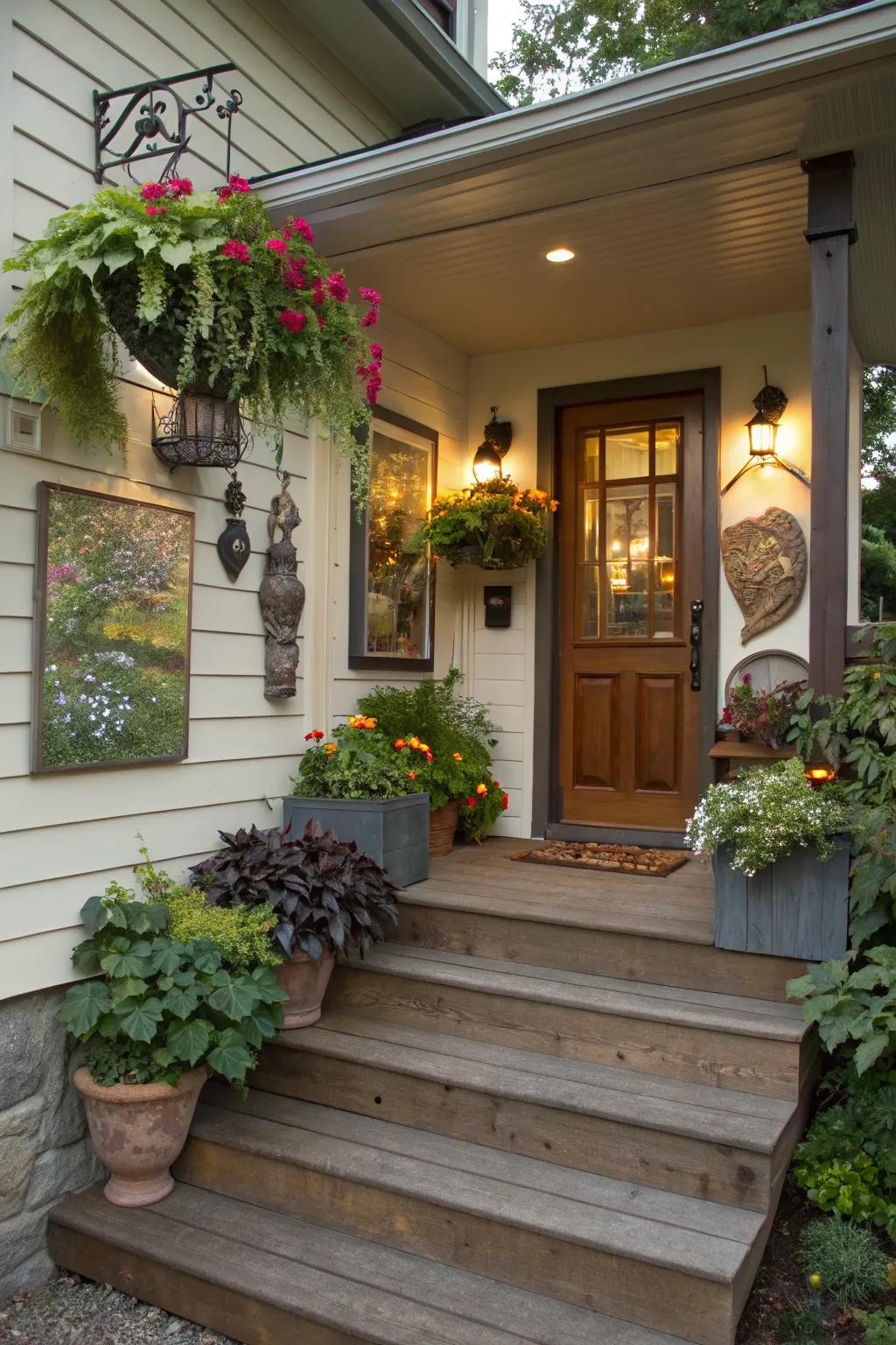 Vertical wall decor enhances the visual appeal of the porch