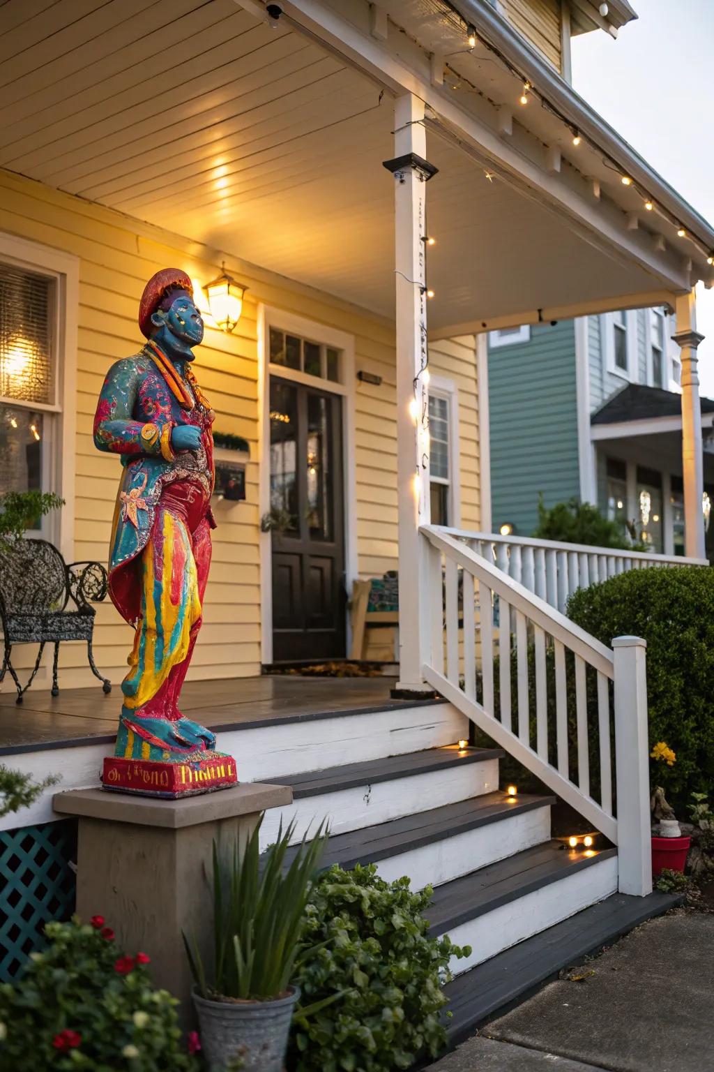Painted statues bring vibrant color and personality to your porch.