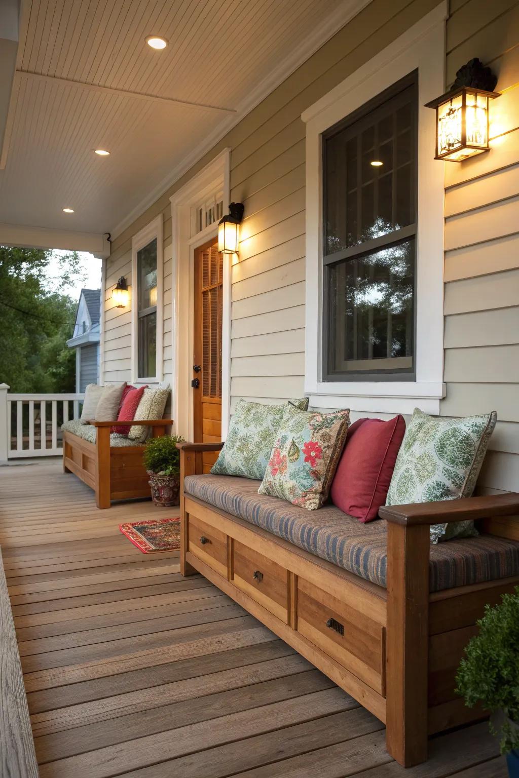 Built-in seating turns your porch into a cozy retreat.
