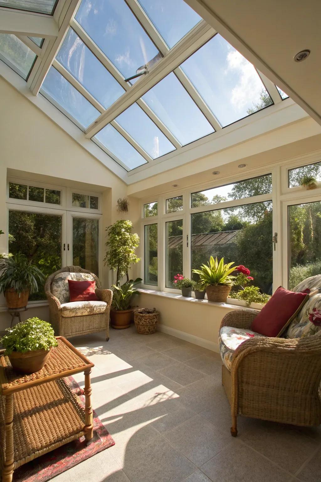 Sunlight streaming through a skylight in a sunroom.