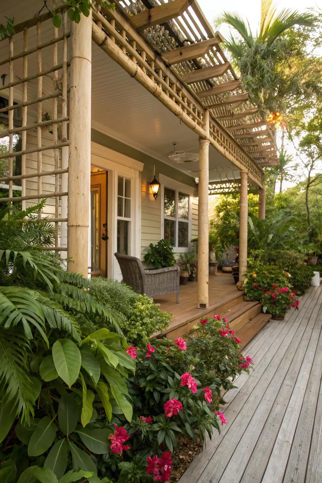 An exotic bamboo trellis bringing a touch of the tropics to the porch.