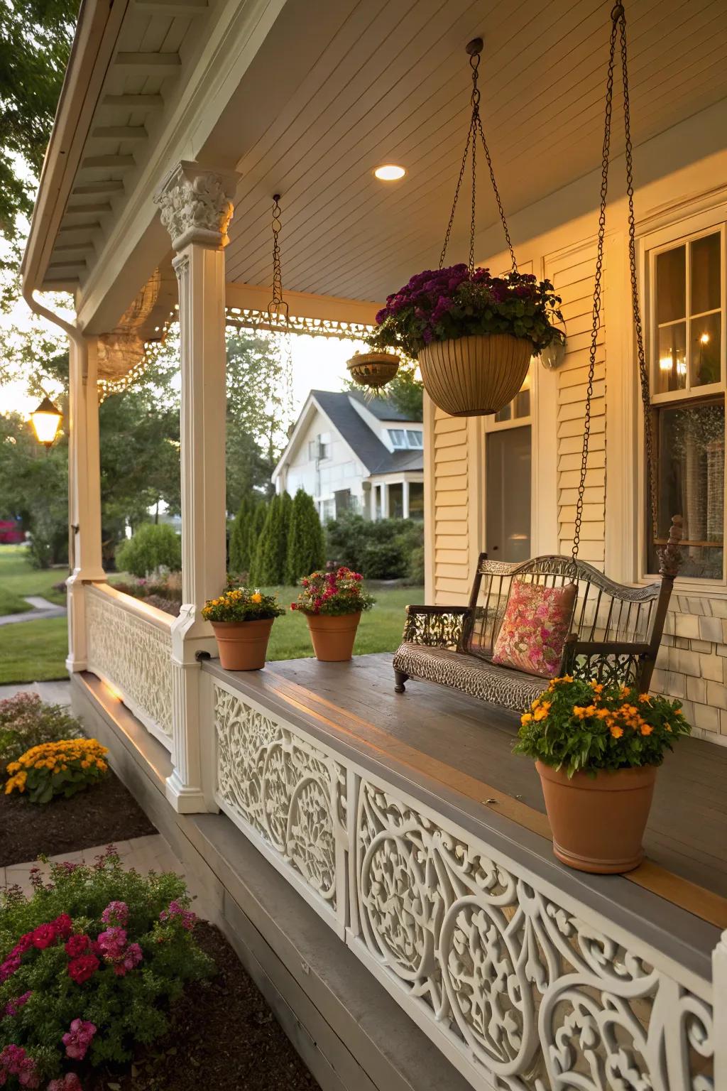 A front porch with intricate PVC skirting.