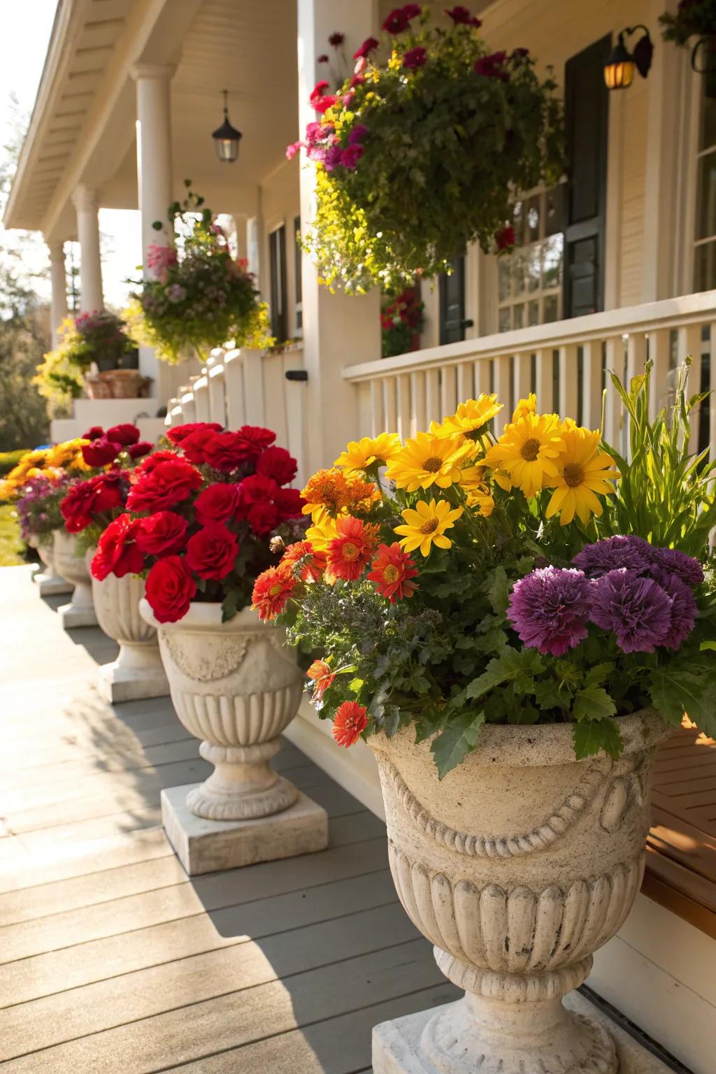 Lift the spirits with bold and bright floral urns.