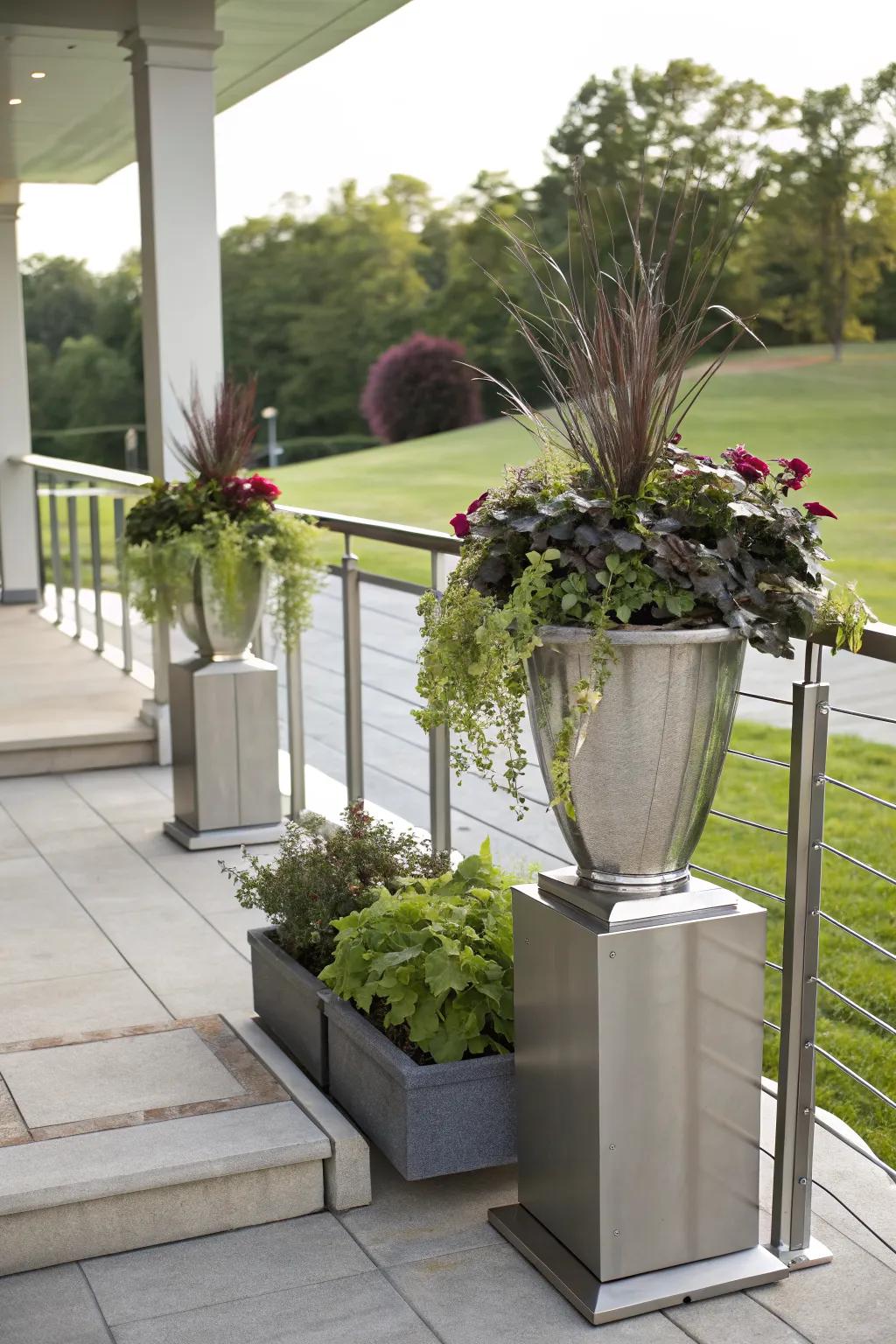 Metal accents add contemporary flair to planters.