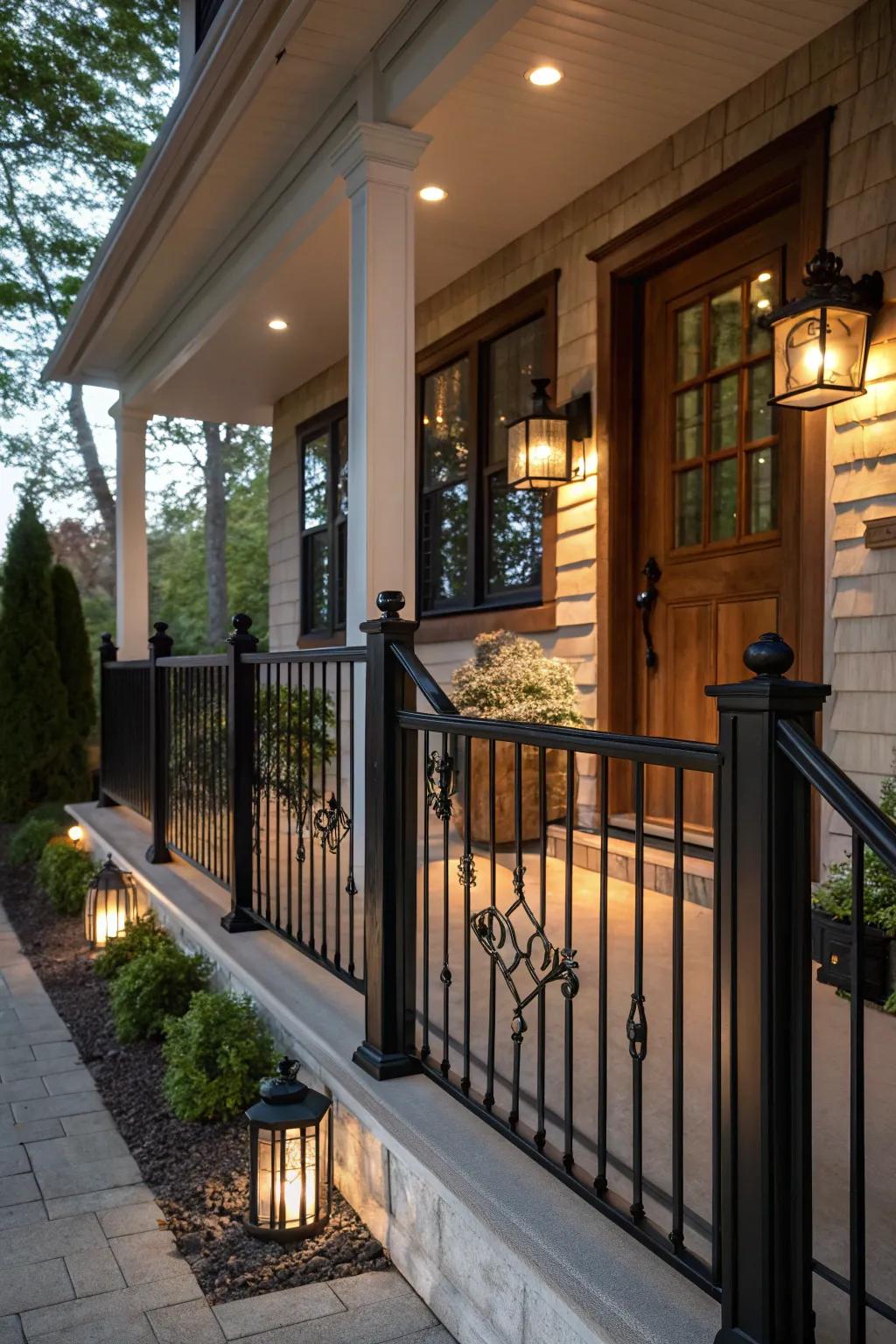 Integrated lighting adds a magical glow to black railings.