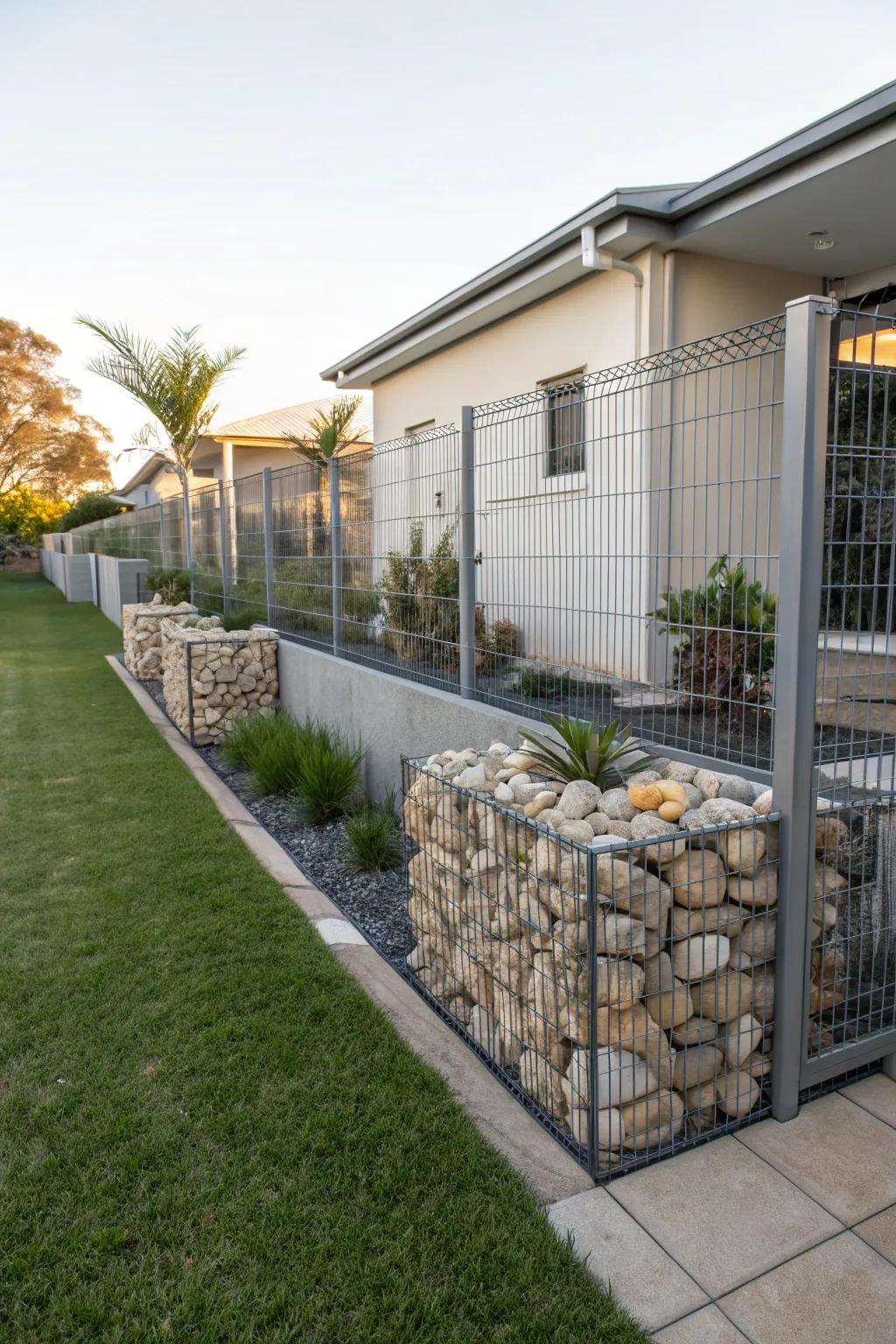 Gabion walls add a contemporary and robust touch to this yard.