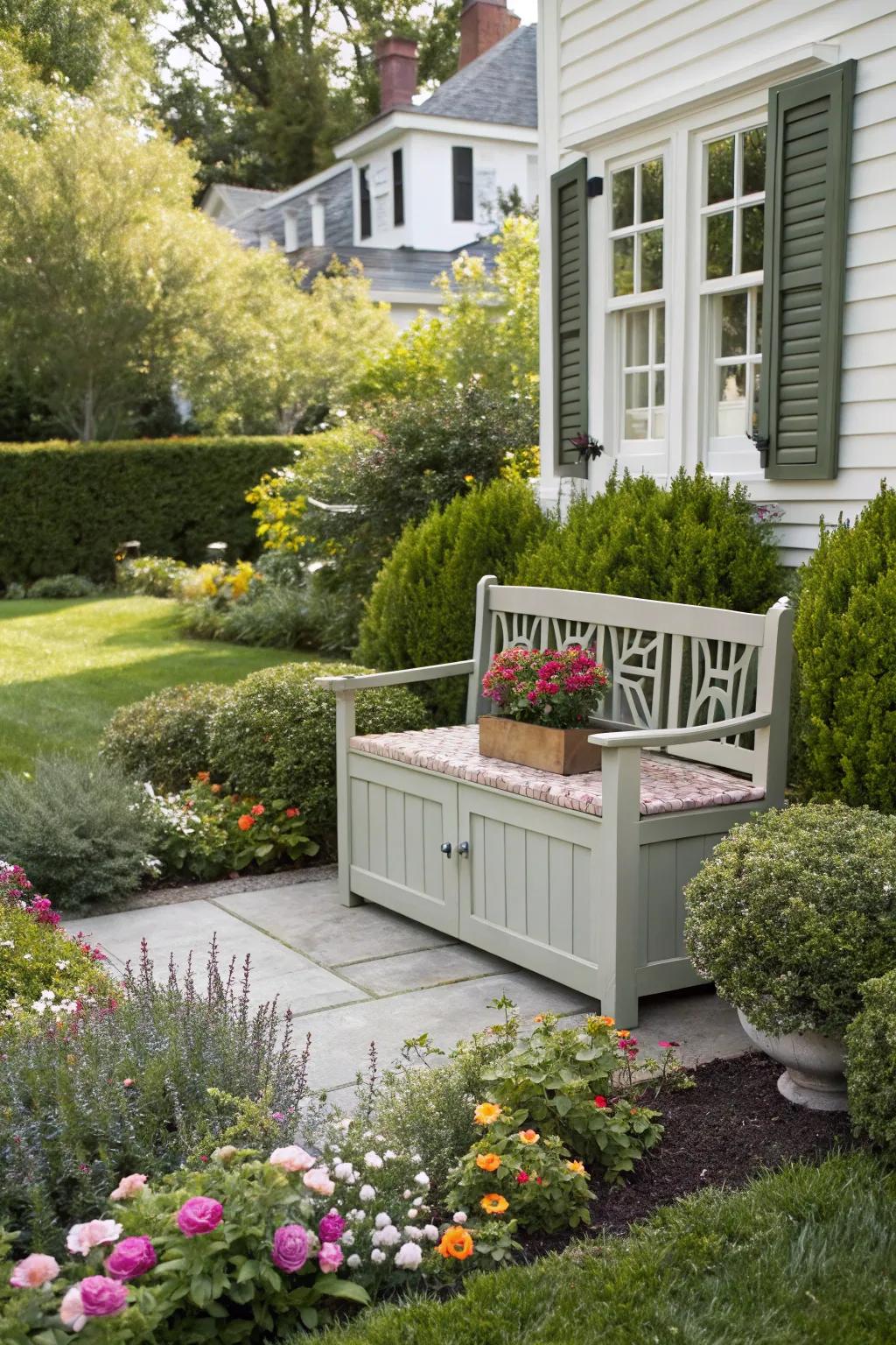 A storage bench keeps essentials handy while offering a relaxing spot.