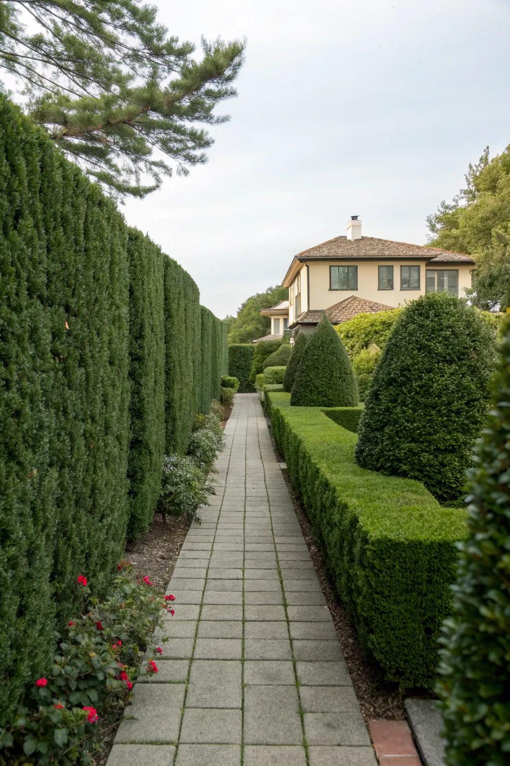 Boxwood hedges offer natural privacy.