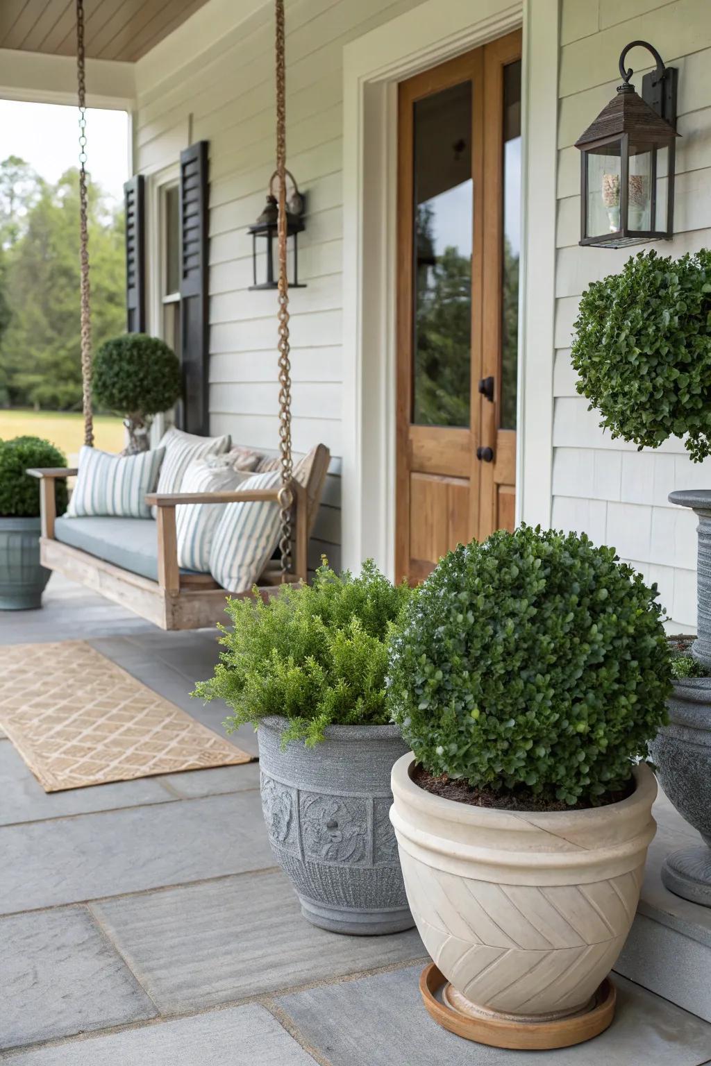 Bring greenery to your porch with versatile potted boxwoods.