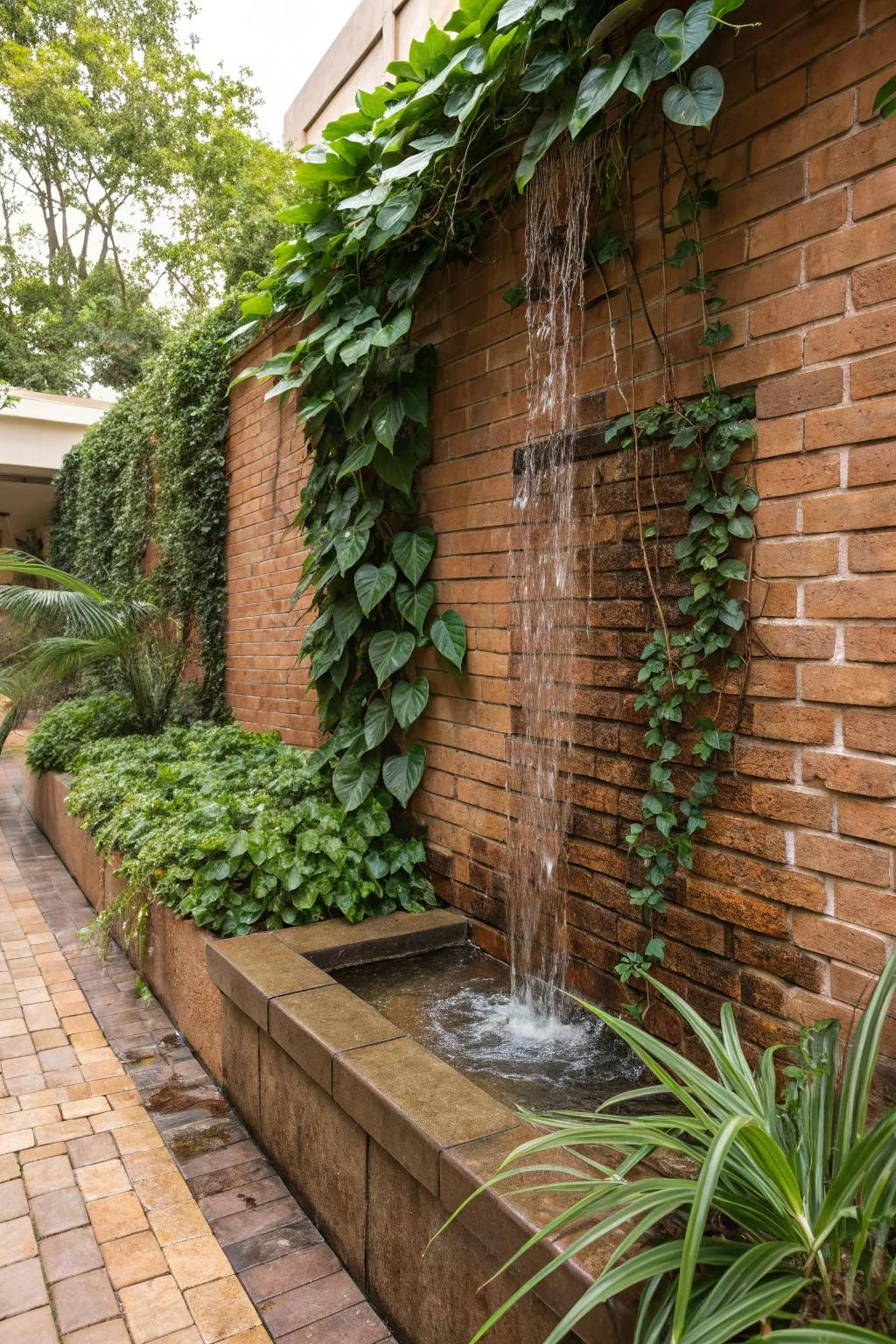 A water feature adds a tranquil touch to brick walls.