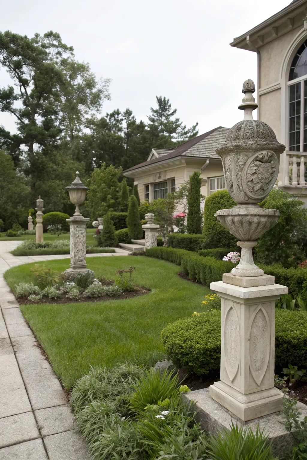Artistic concrete sculptures add a whimsical touch to this landscape.
