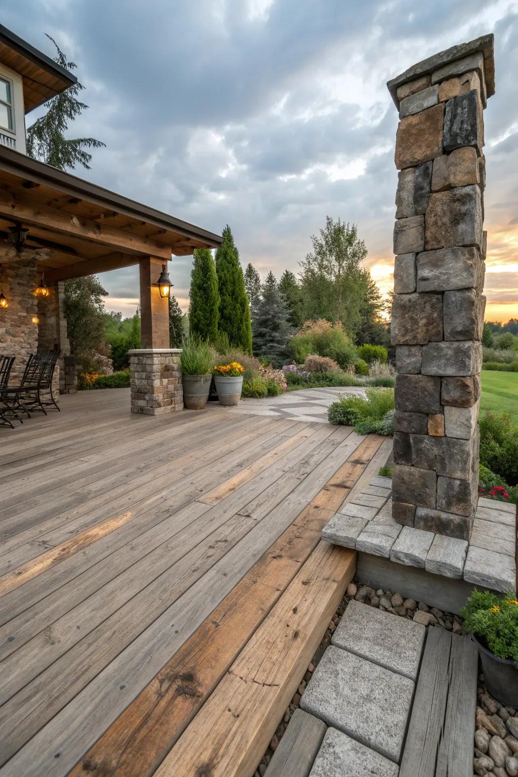 Charming front yard deck with rustic natural materials.