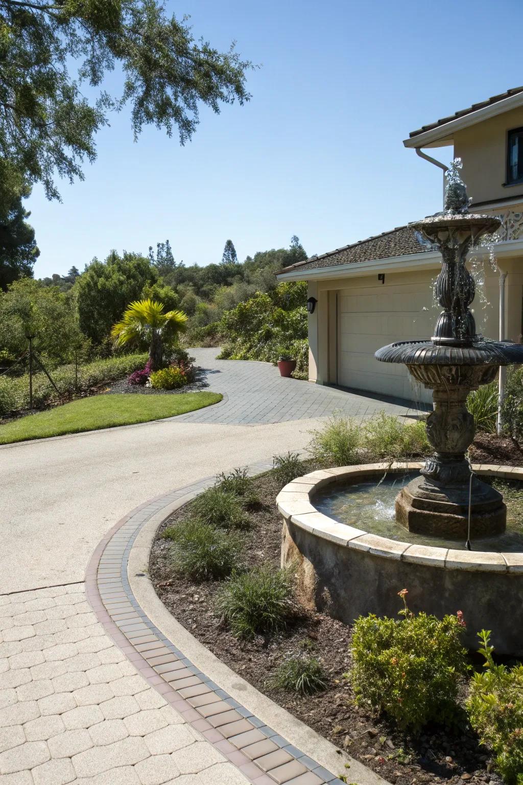 Water features bring tranquility and elegance to driveway designs.