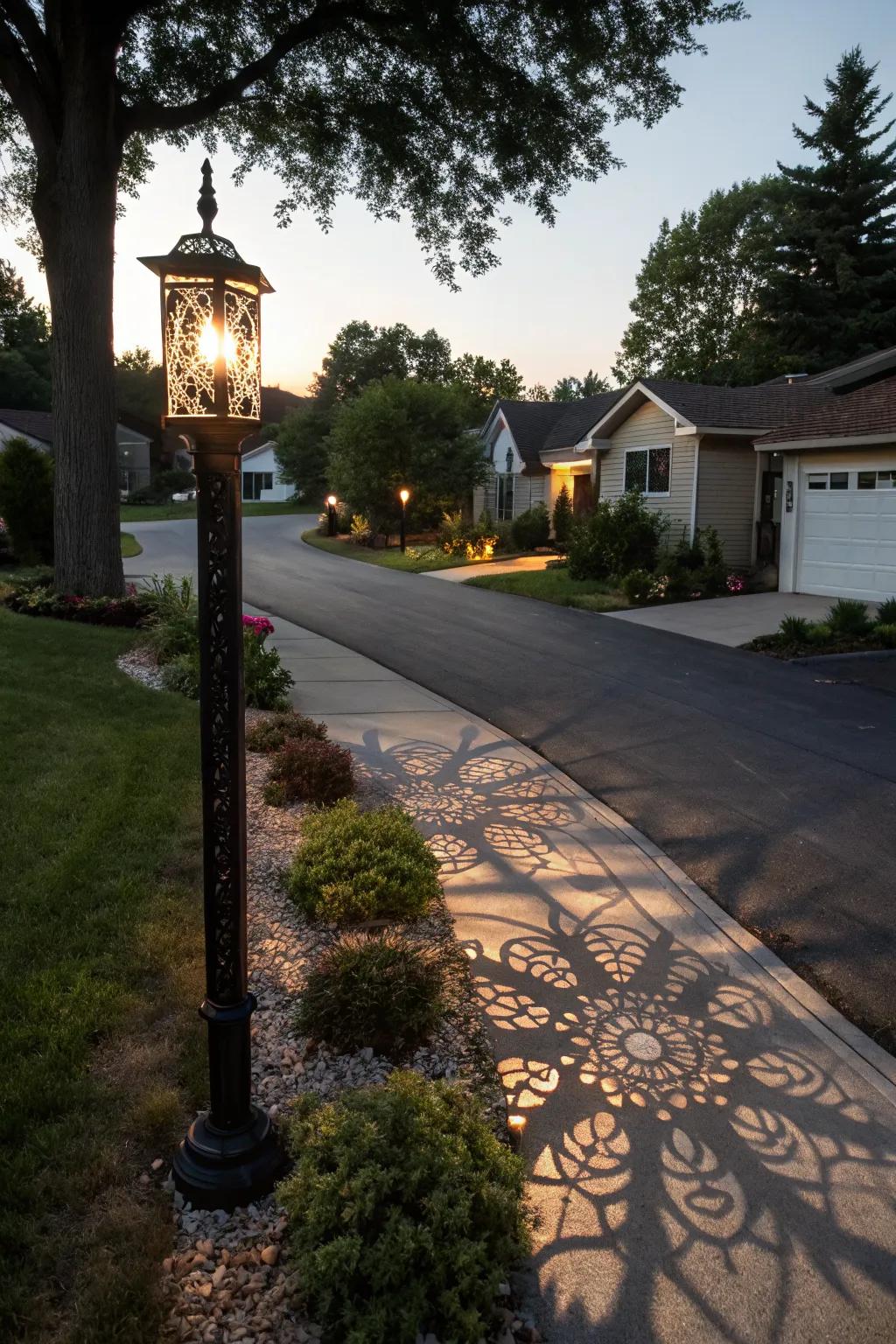 Light post casting mesmerizing shadow patterns for artistic nighttime aesthetics.