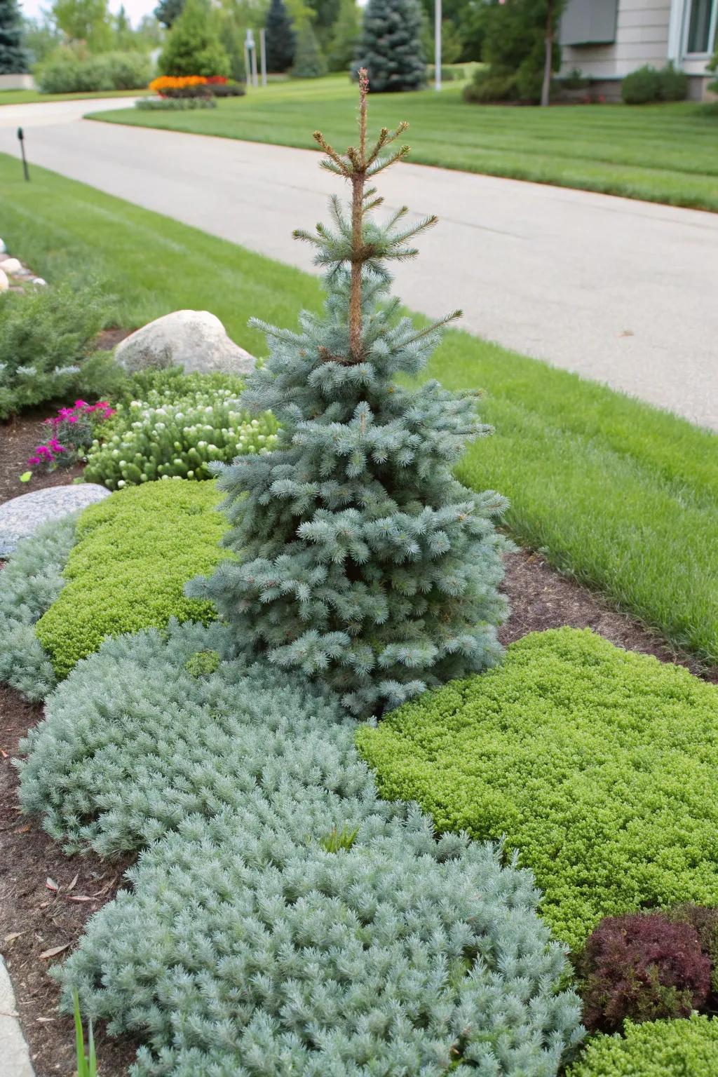 Add softness with cascading groundcovers around dwarf blue spruce.