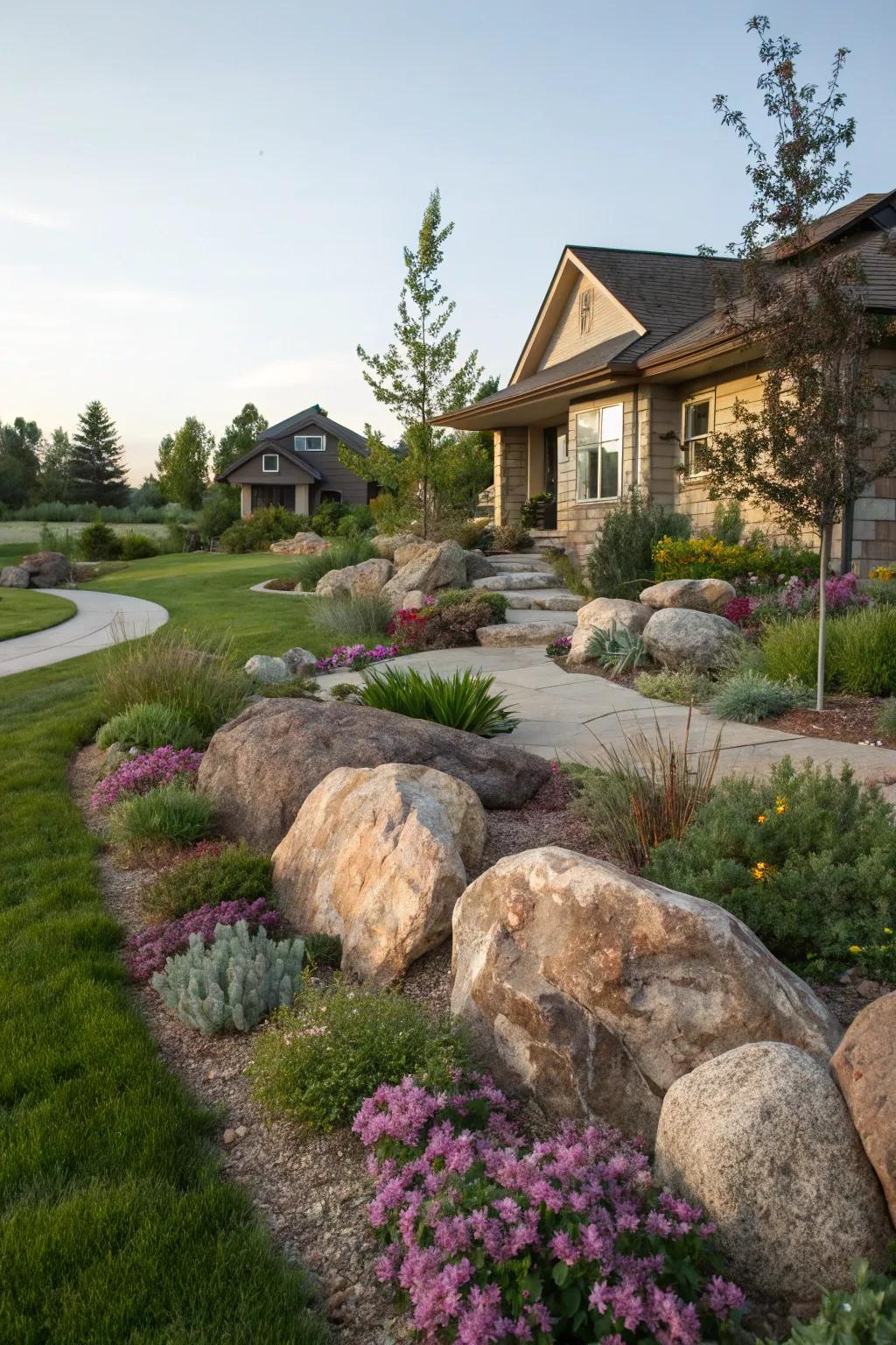 Natural rocks add texture and guide visitors.