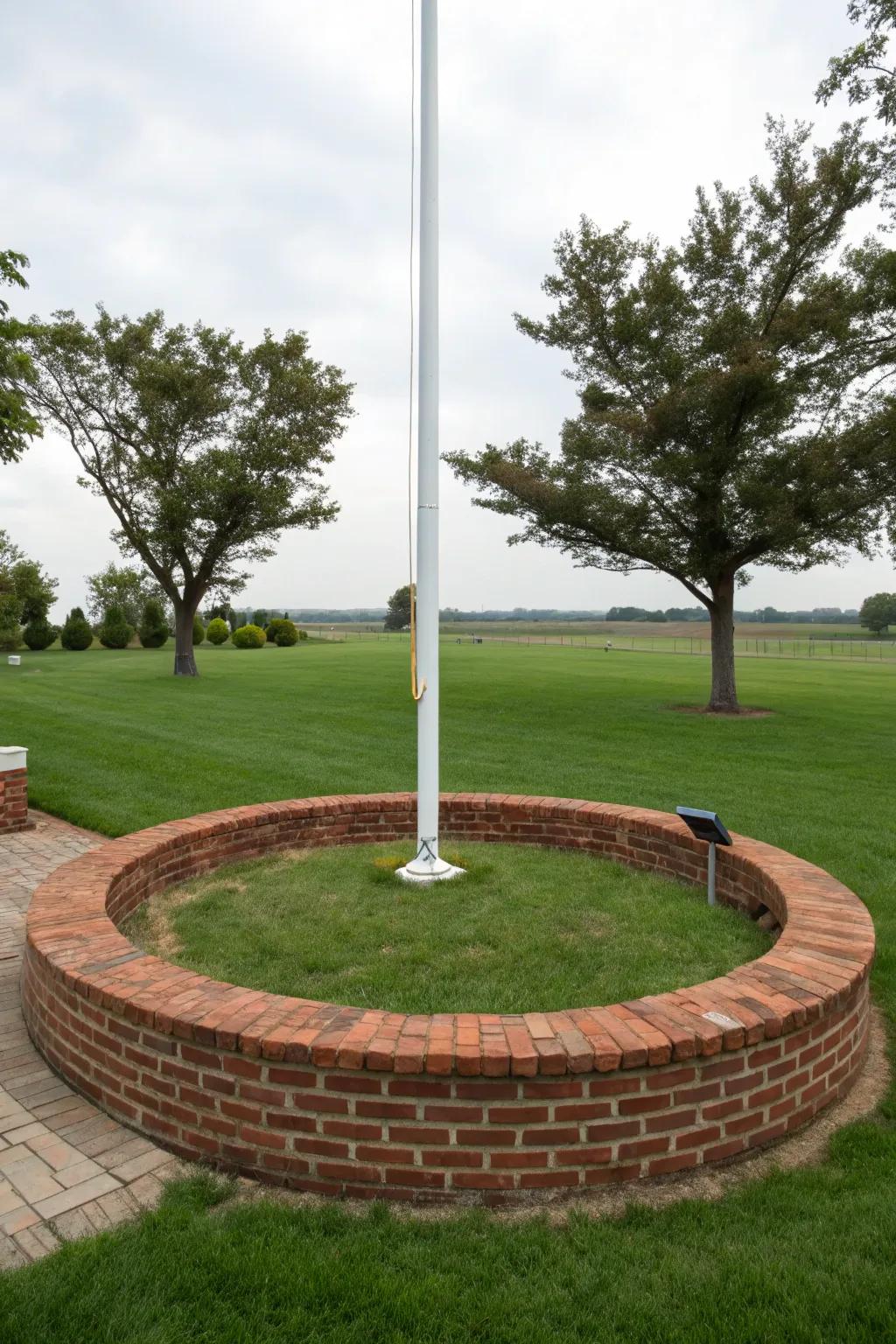 A brick border enhances the flagpole's elegance.