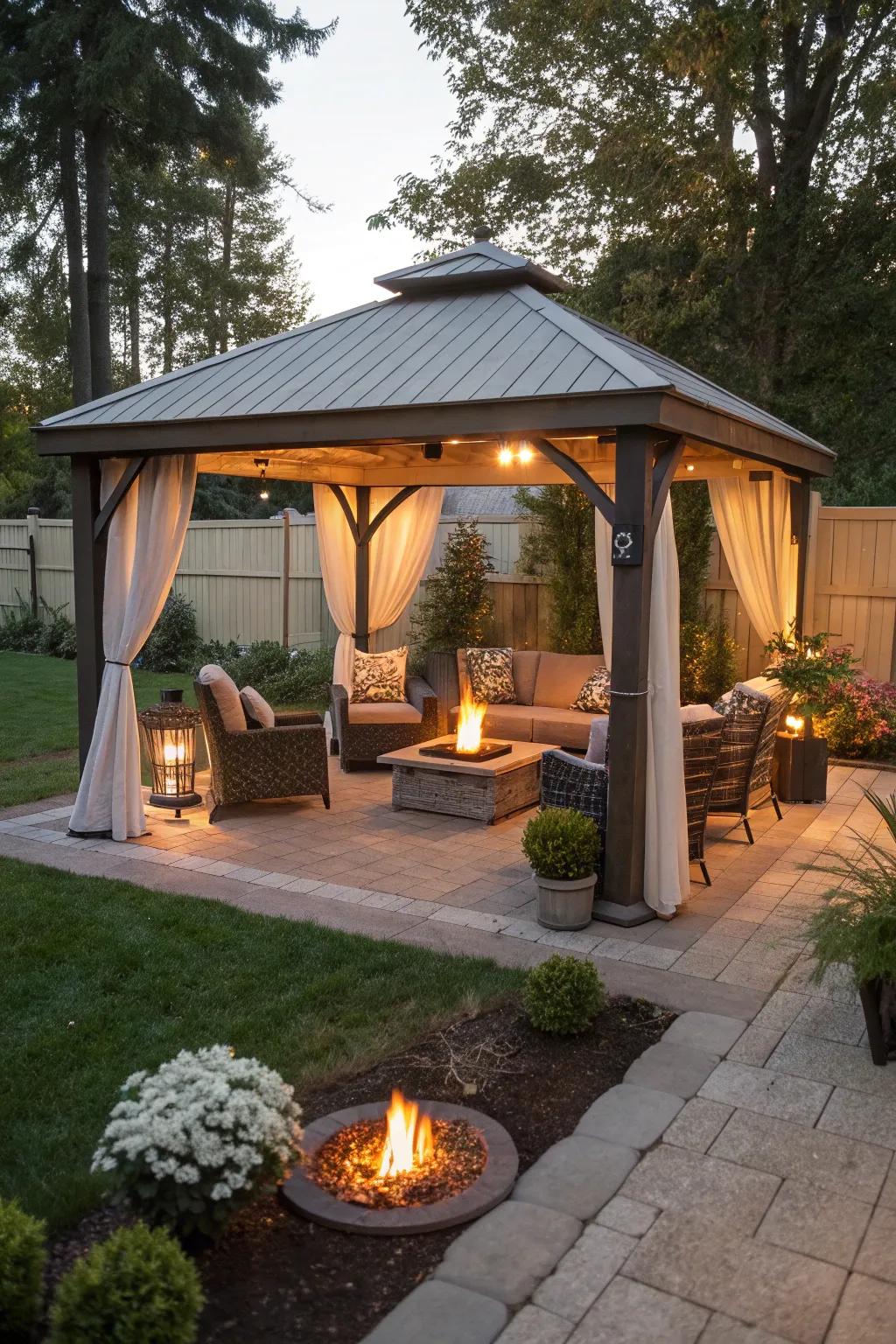 A fire pit gazebo creates a warm gathering space.