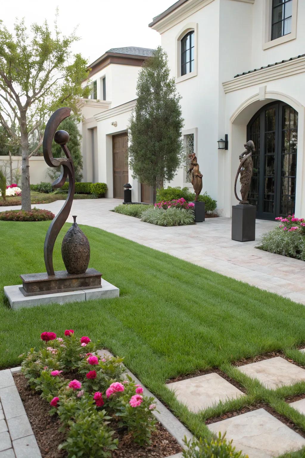 Sculptures add an artistic touch to outdoor spaces.