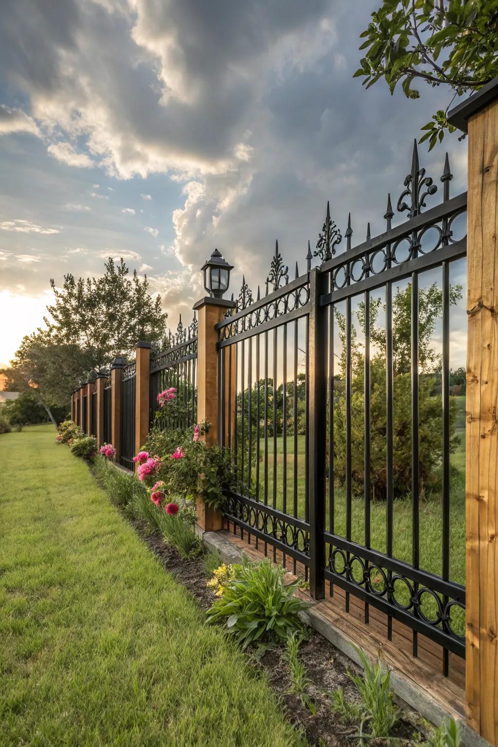 The combination of iron and wood creates a warm, inviting fence.