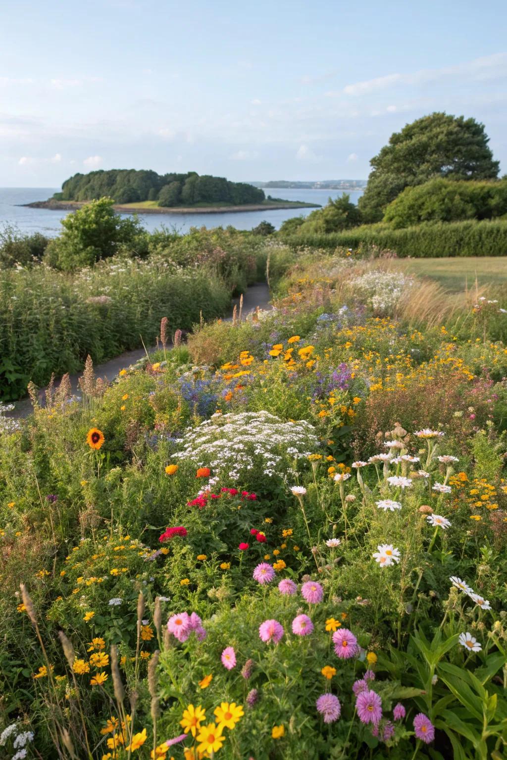An island flower bed with a mix of wildflowers for a natural and carefree look.