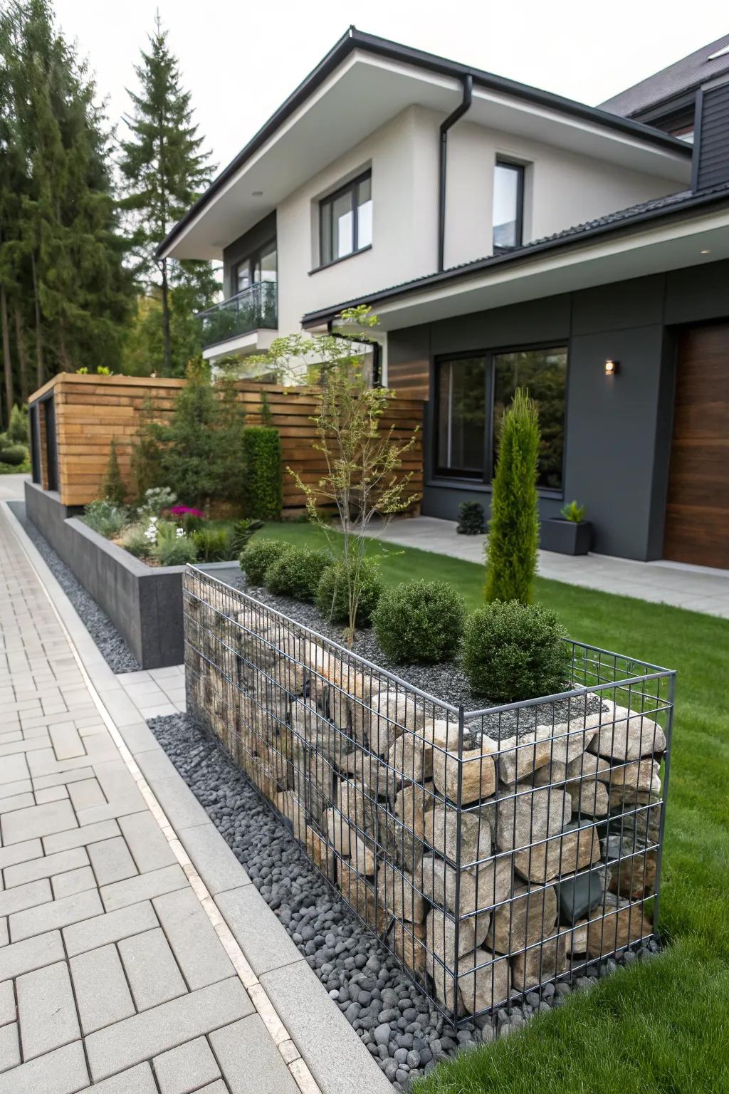 Gabion walls provide a modern, edgy twist to traditional landscape edging.