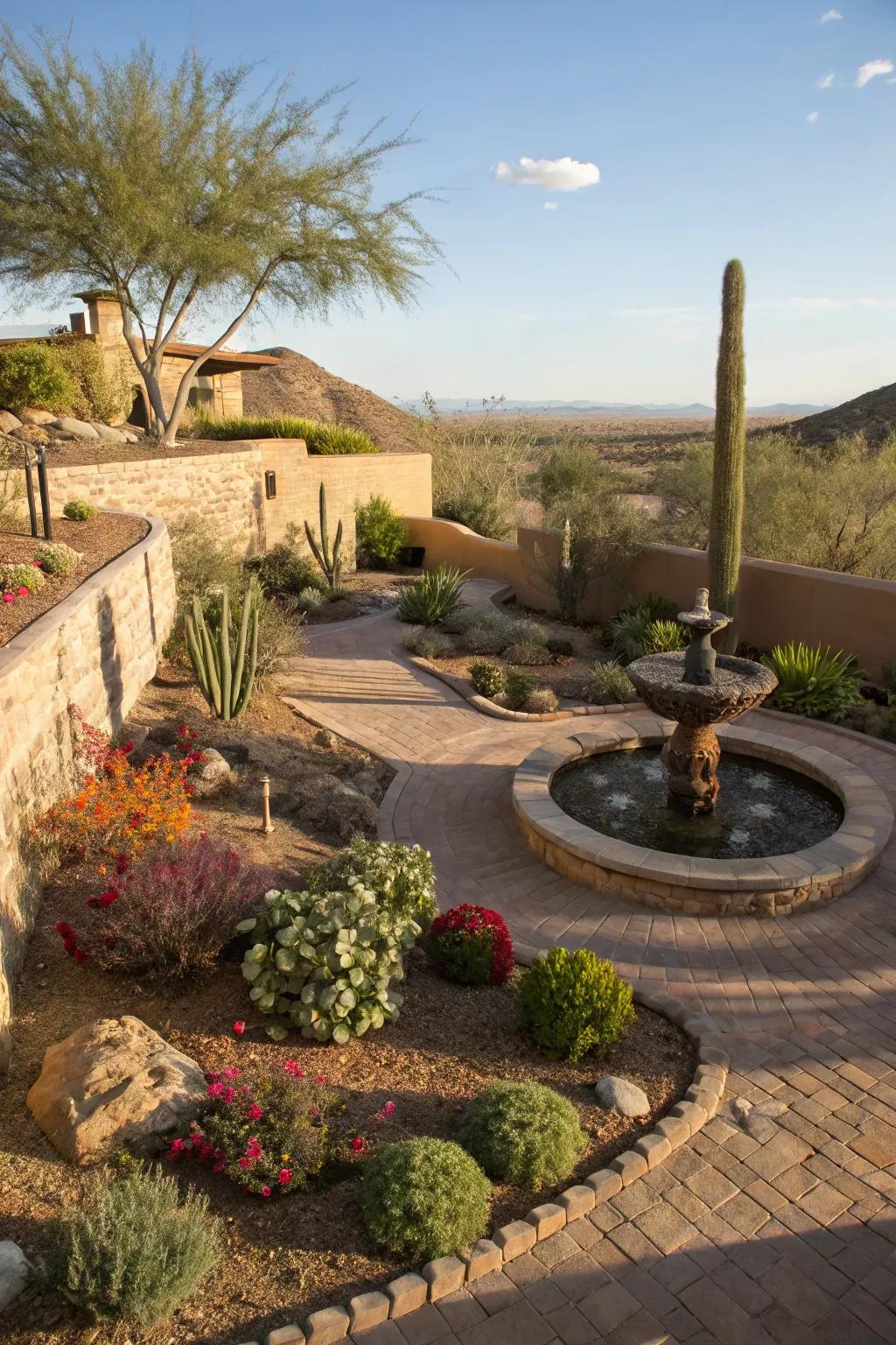 A sunken garden offers a unique and secluded retreat.