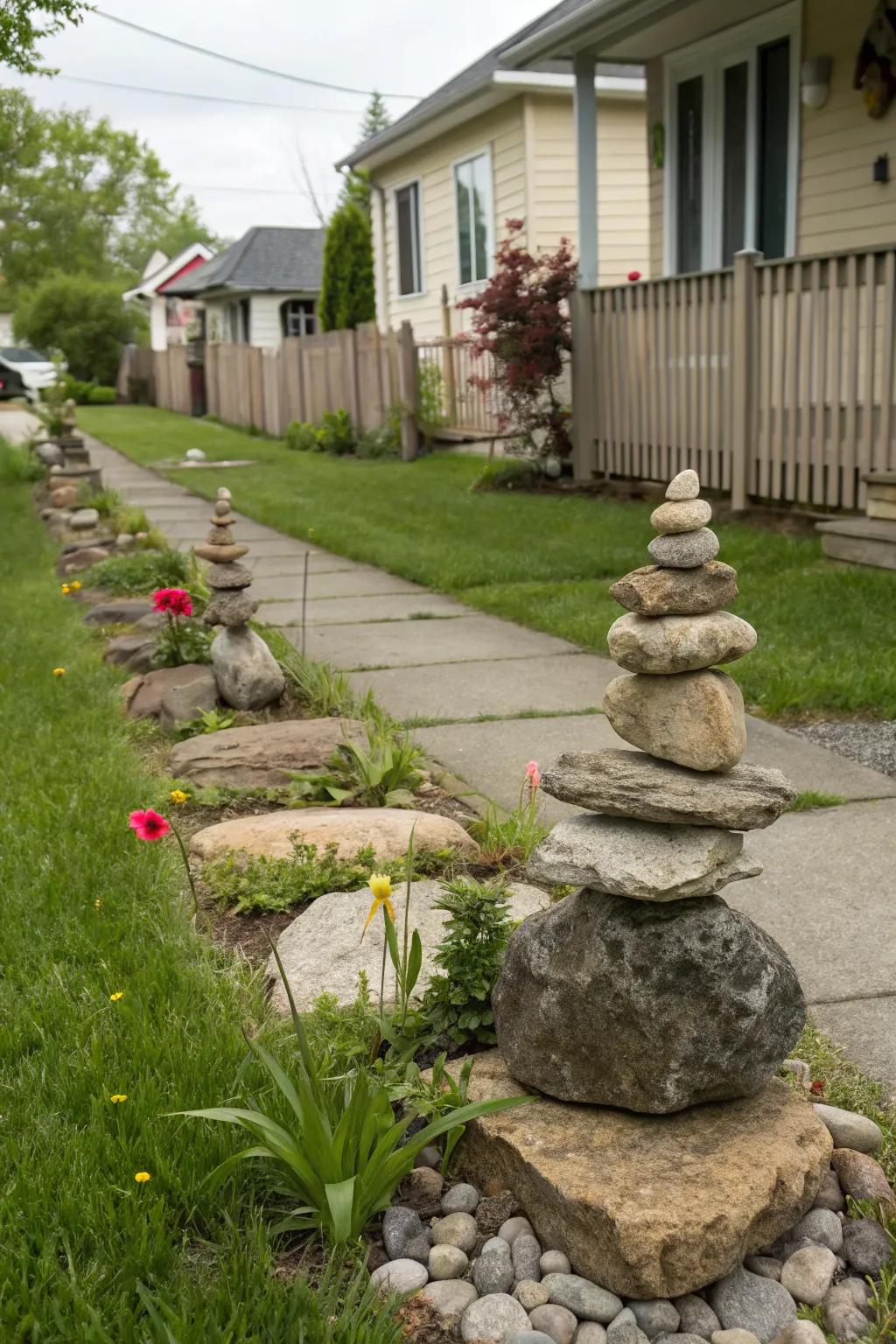 Artistic rock sculptures that add a personal flair to the yard.