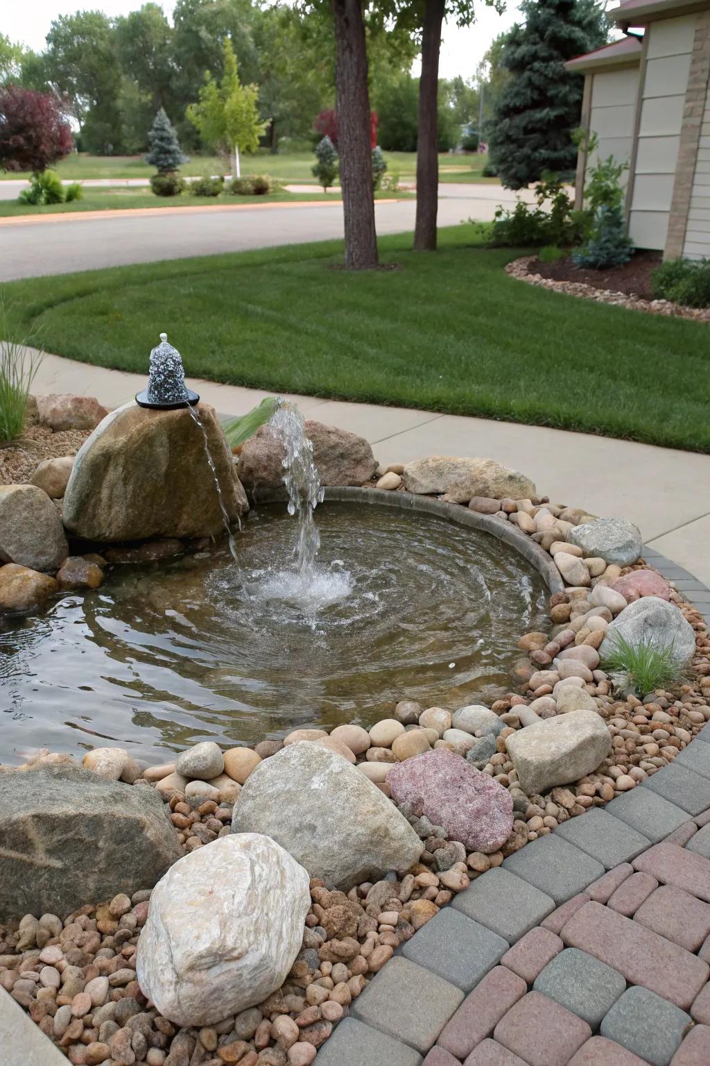 Rocks enhance the beauty of water features in the front yard.