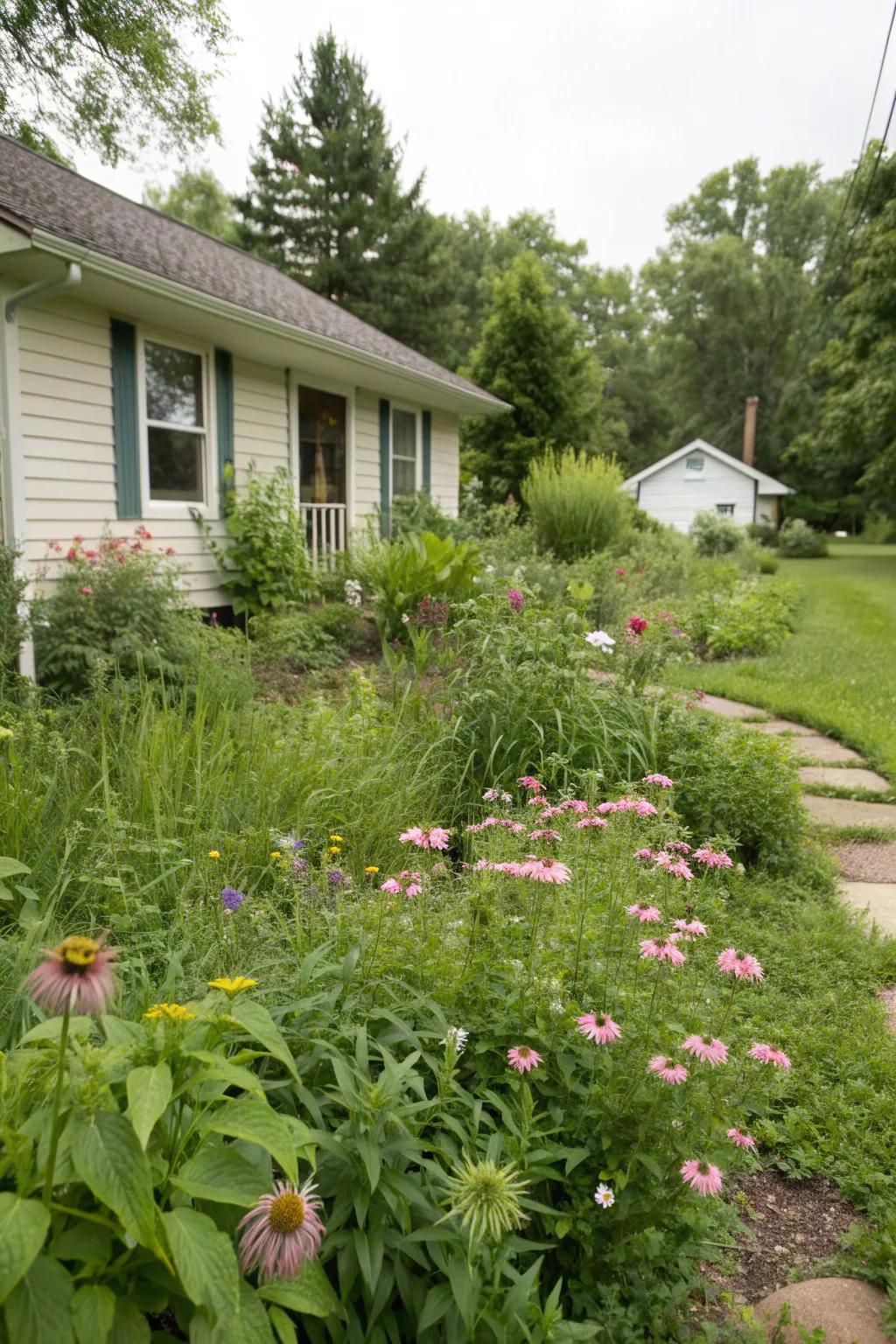 Native plants creating a sustainable landscape in a Zone 6 front yard.