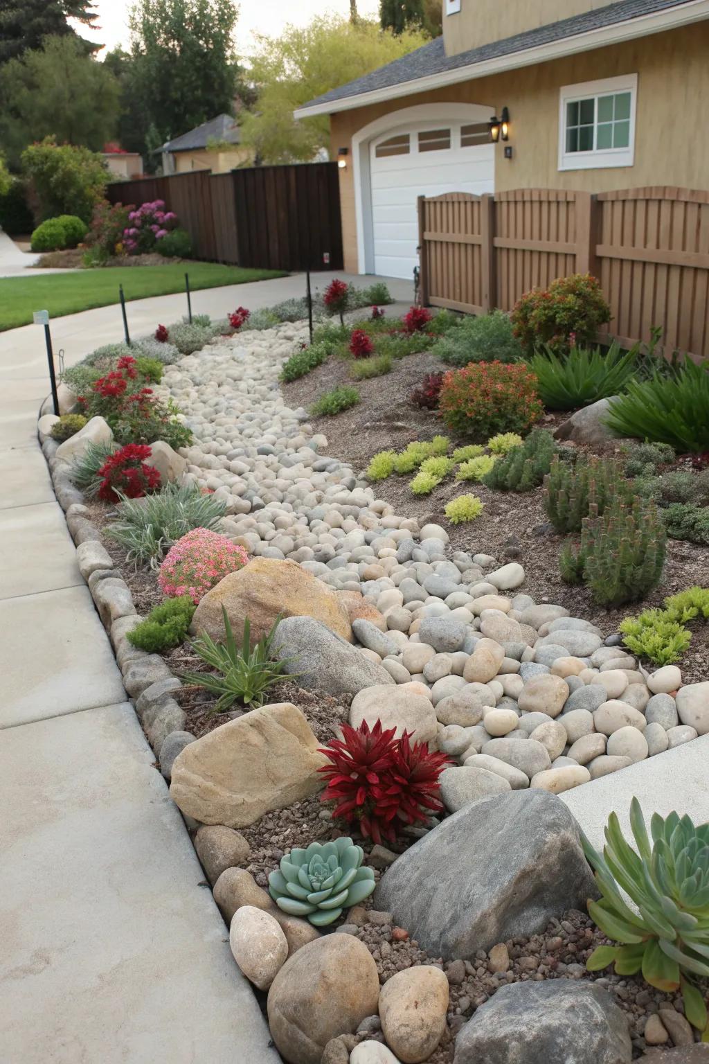 A serene rock garden adding texture and interest to a front yard.