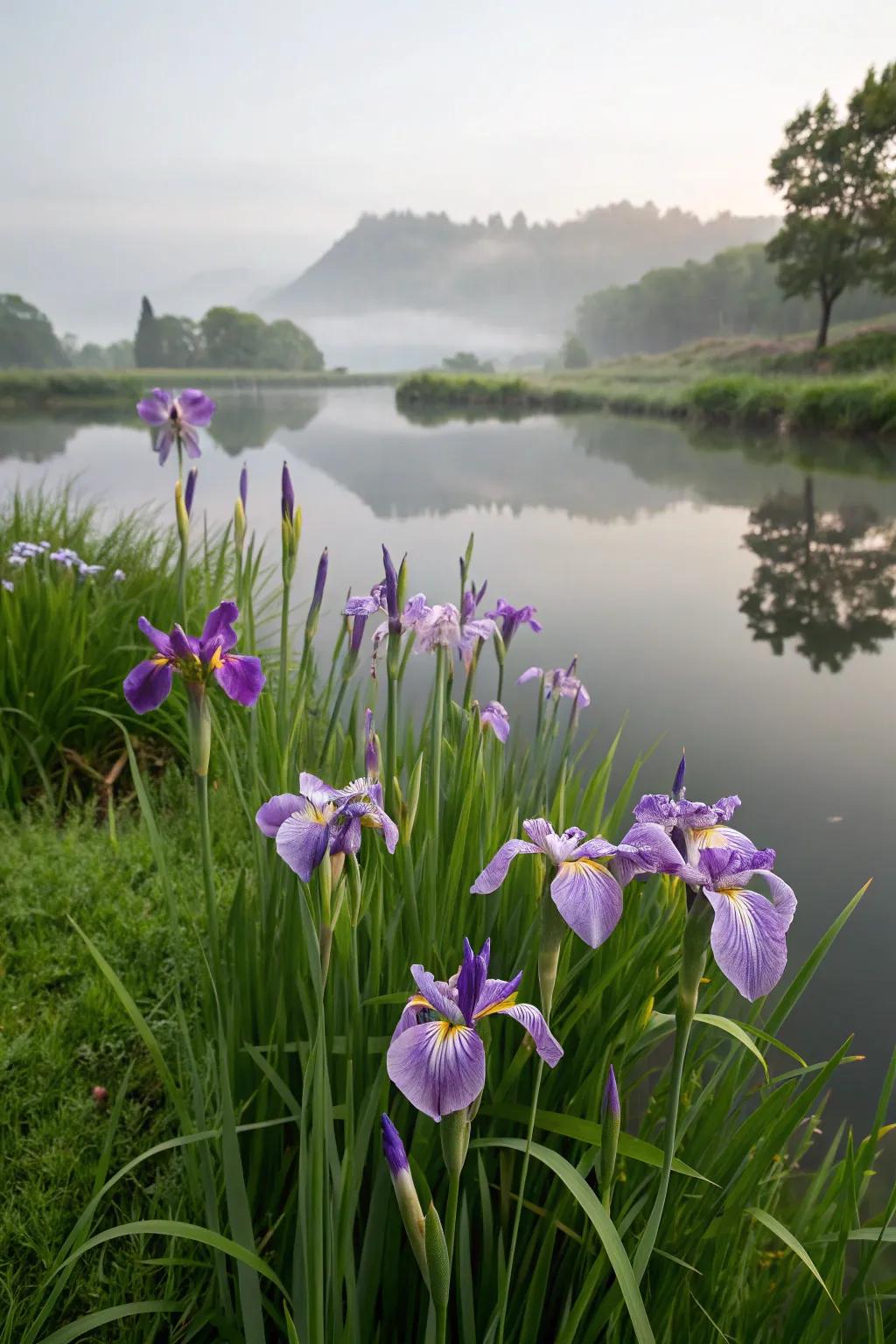 Irises enhancing a tranquil water feature in the garden.