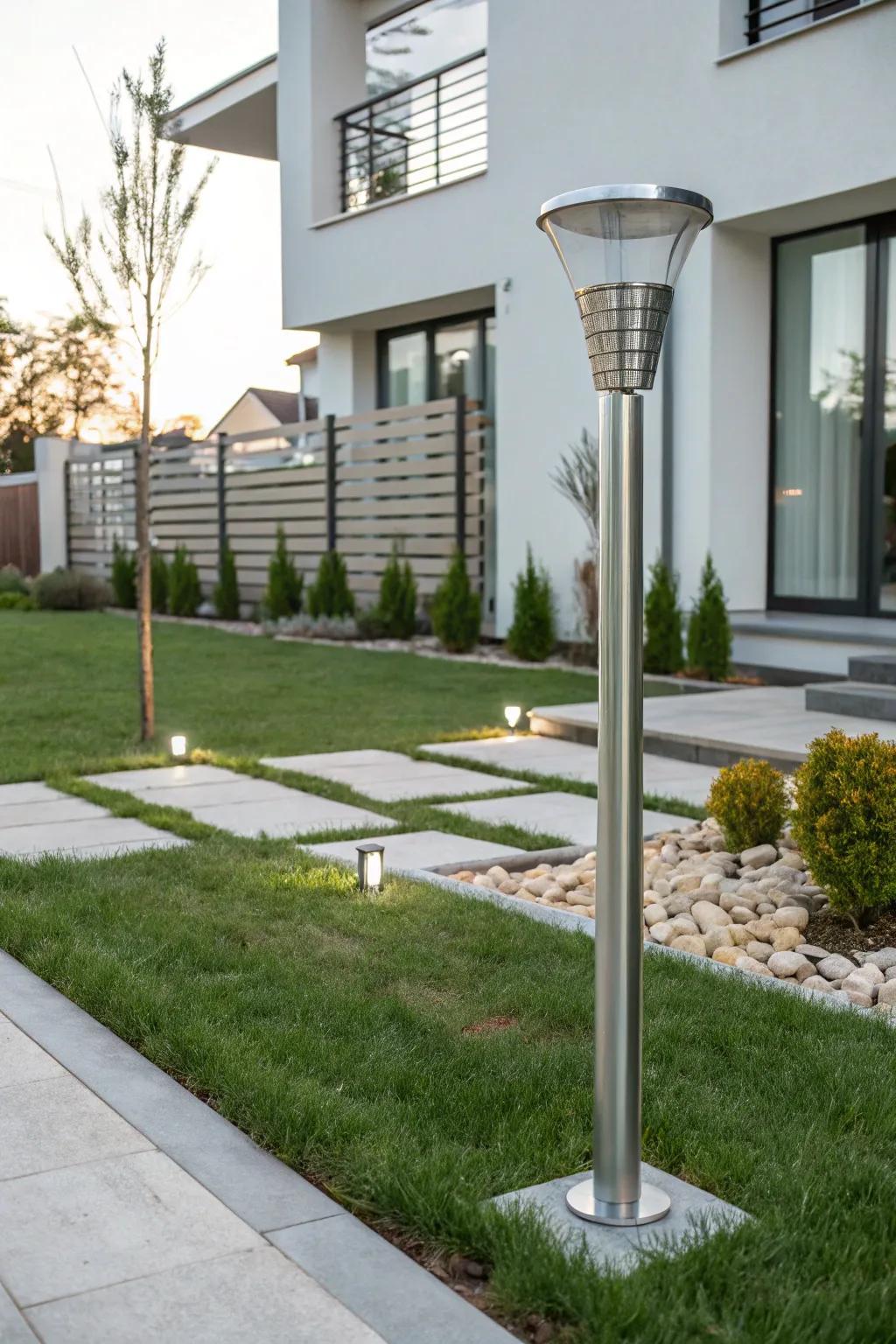 Silver light posts add a touch of modern sophistication.