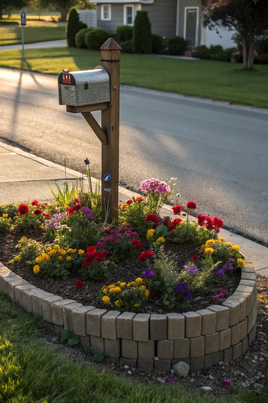 A circular planting bed forms a charming focal point around the mailbox.