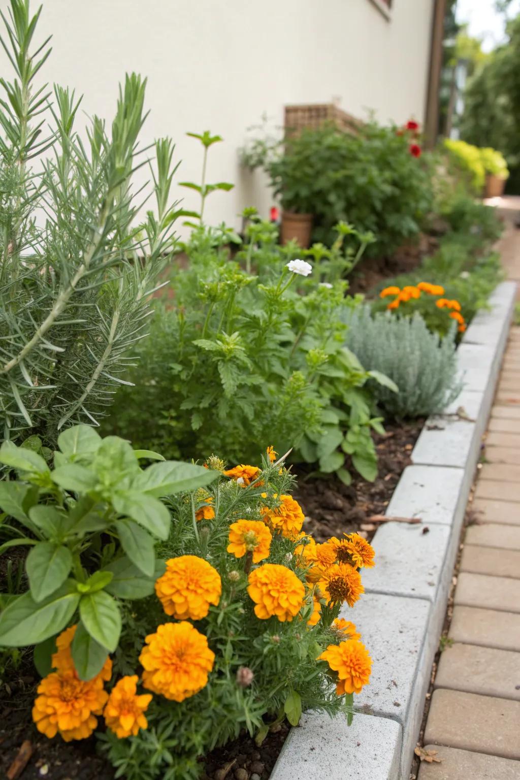 A mix of marigolds and herbs offers beauty and utility.