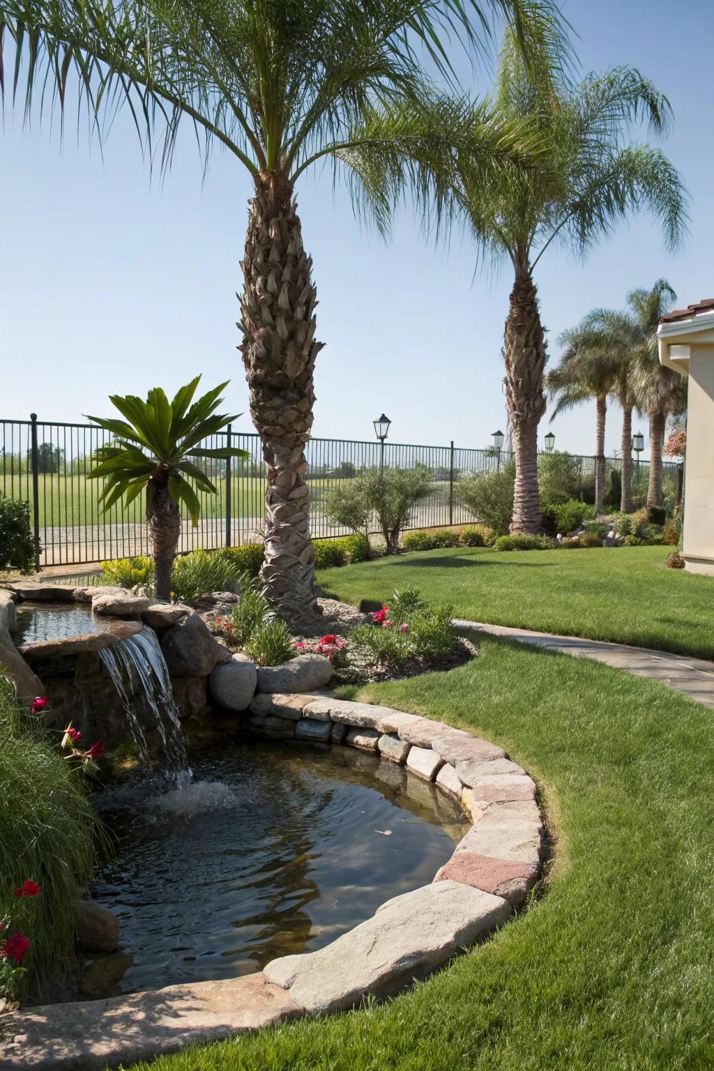 Water features complement the serene vibe of your palm landscape.