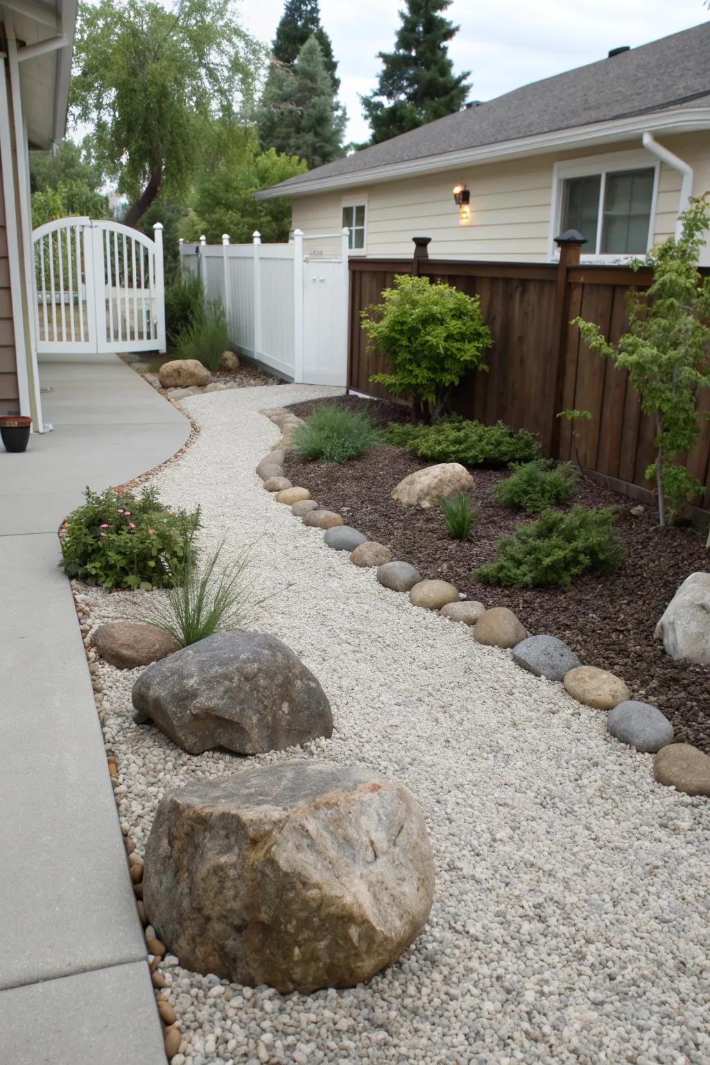 A front yard using gravel mulch for a modern and functional design.