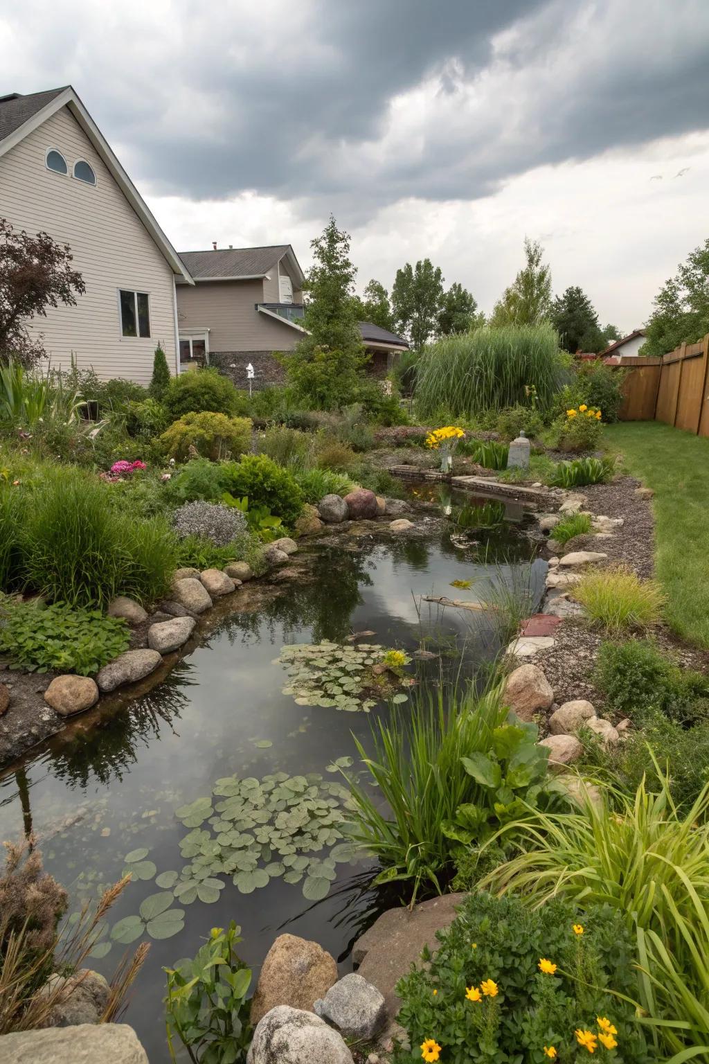 A rain garden pond manages water beautifully.
