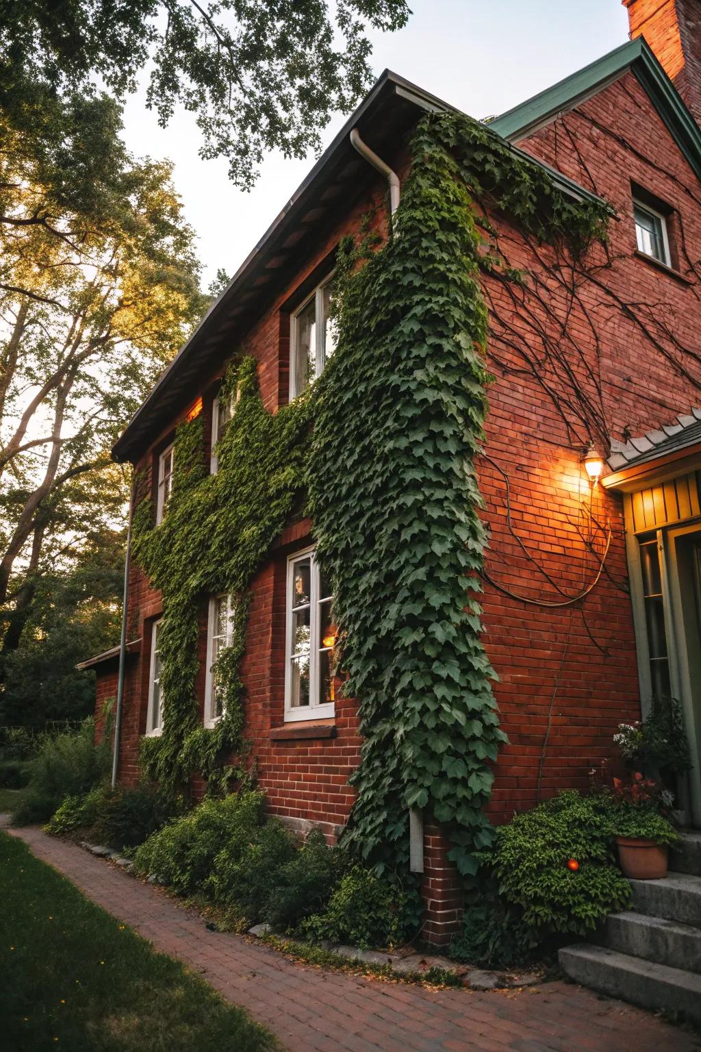 Climbing vines add a touch of romance to this red brick home.