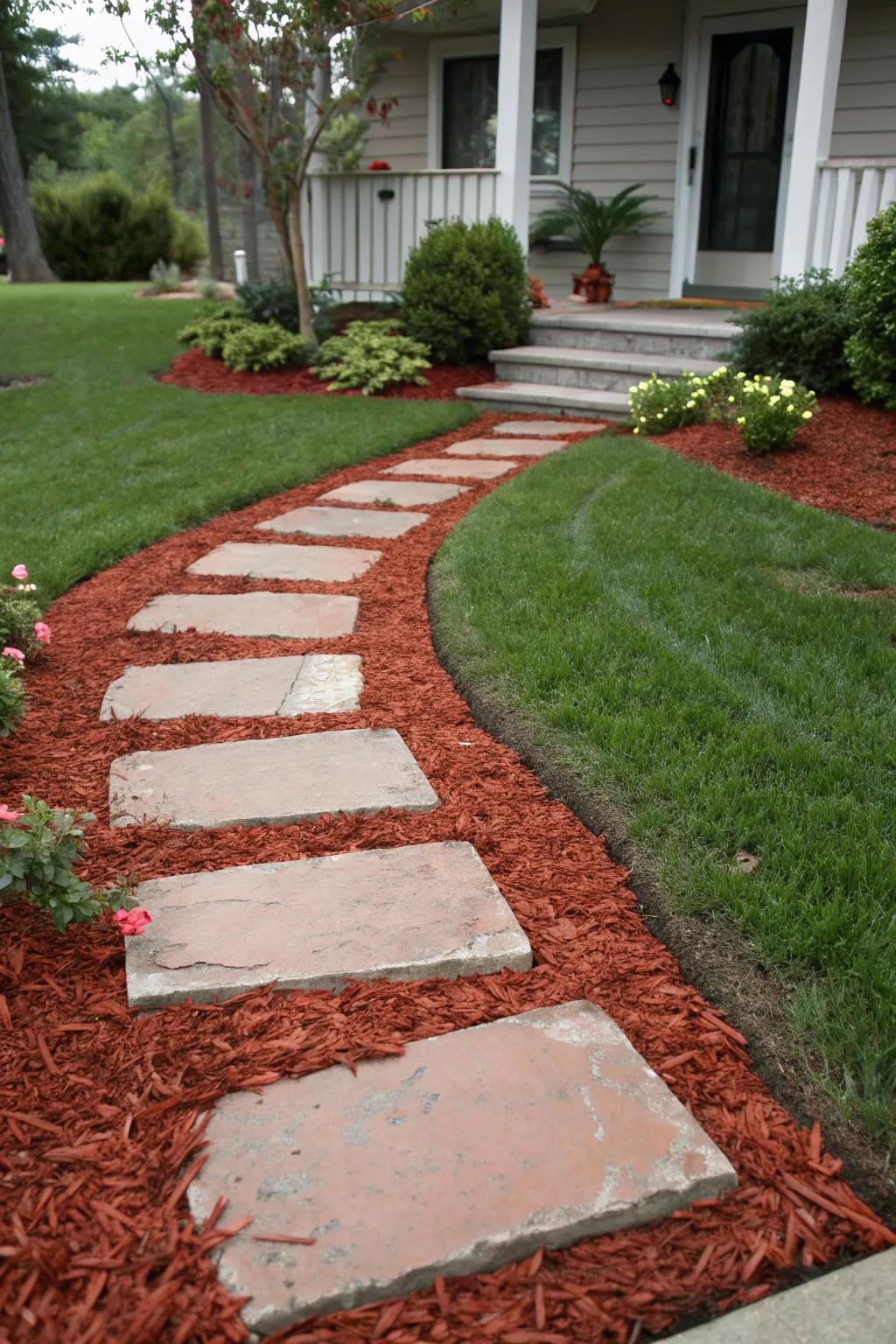 Distinct walkway created with red mulch and stepping stones.