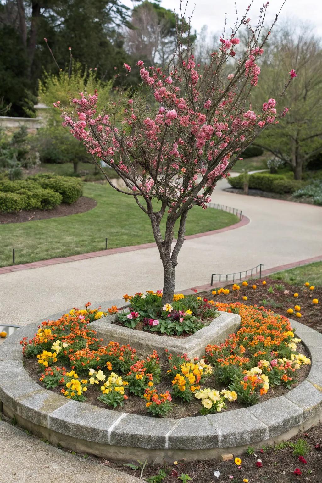 A dwarf peach tree serves as a delightful centerpiece.