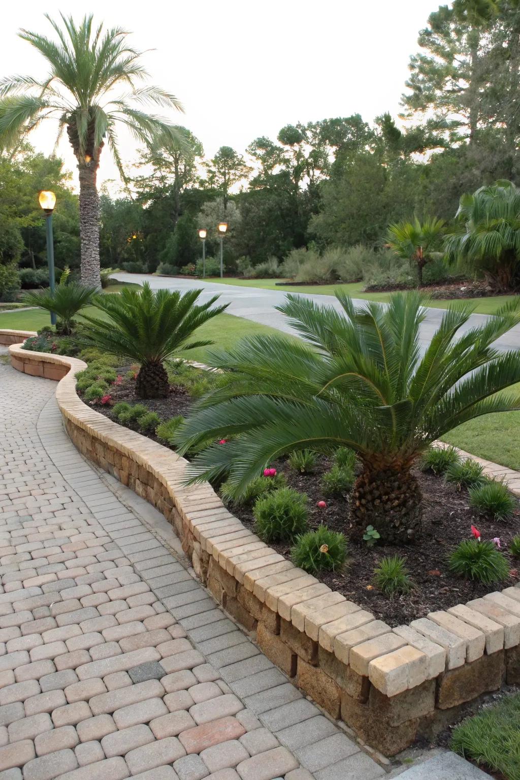 Decorative edging enhances the elegance of sago palm beds.
