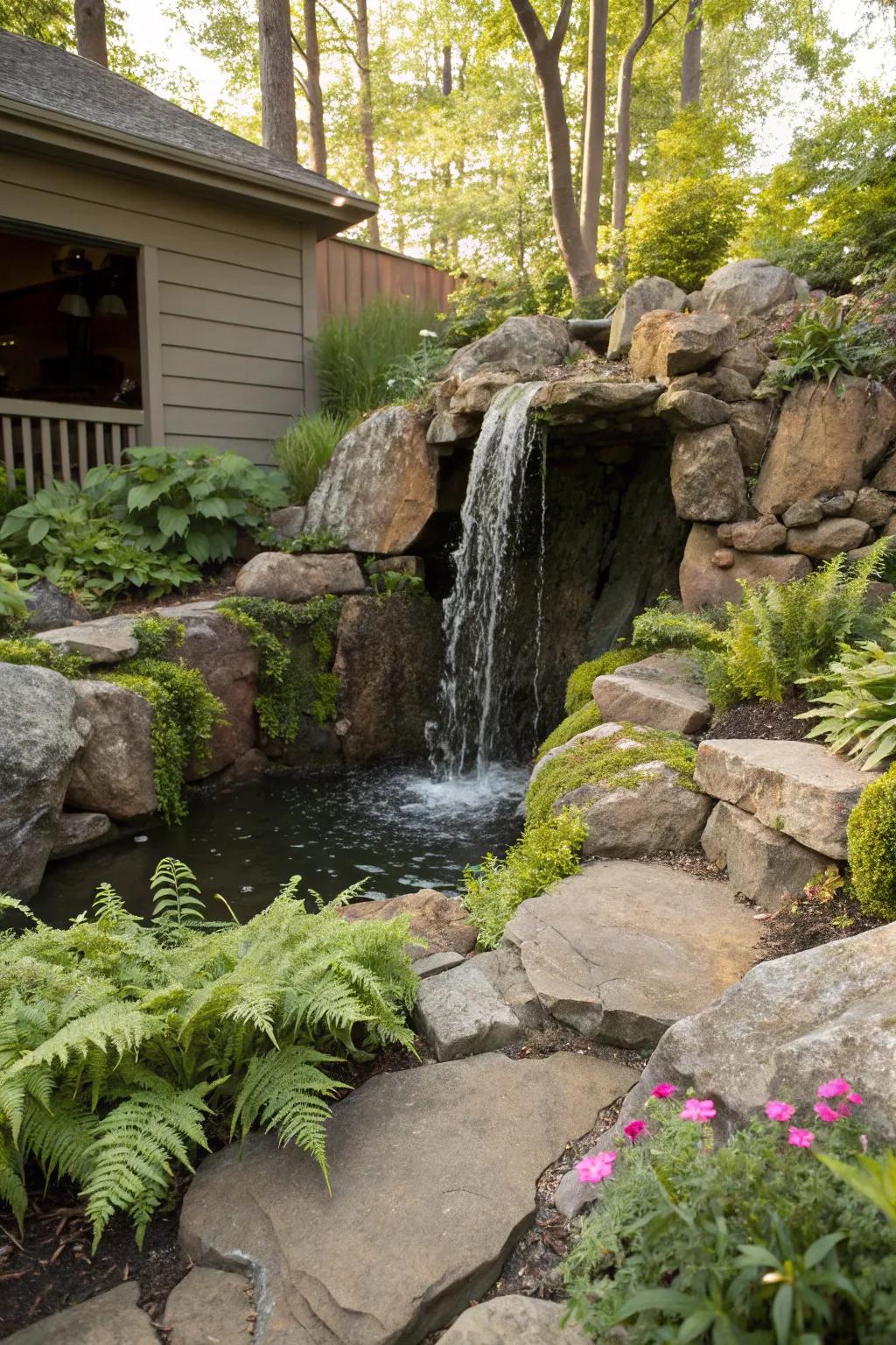 A hidden grotto waterfall adds mystery and enchantment.