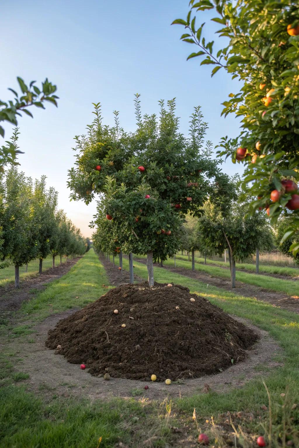 A circular arrangement of fruit trees creating a garden focal point.