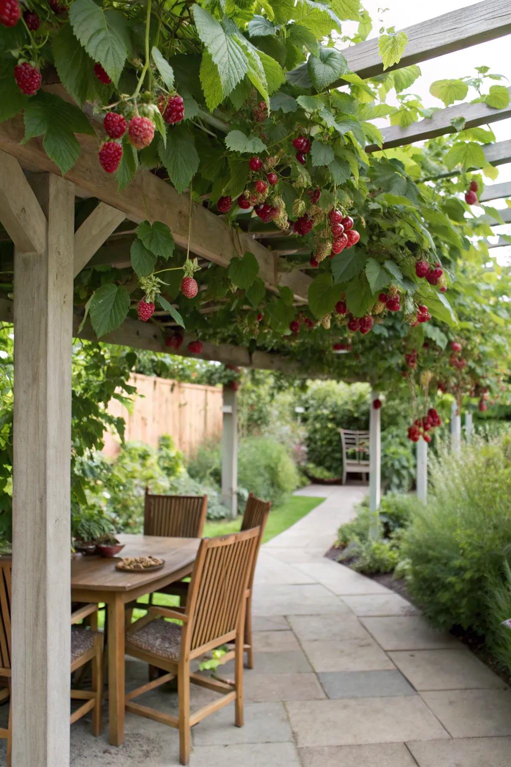 Raspberry canes over a pergola create a delightful and fruitful retreat.