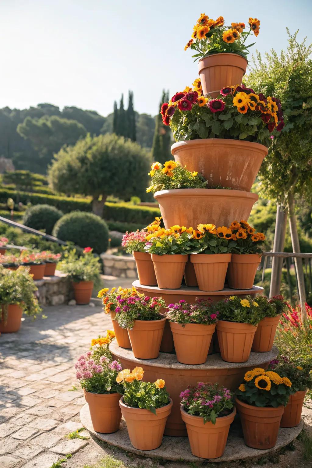 Terracotta towers offer a layered display of blooms, perfect for sunny gardens.