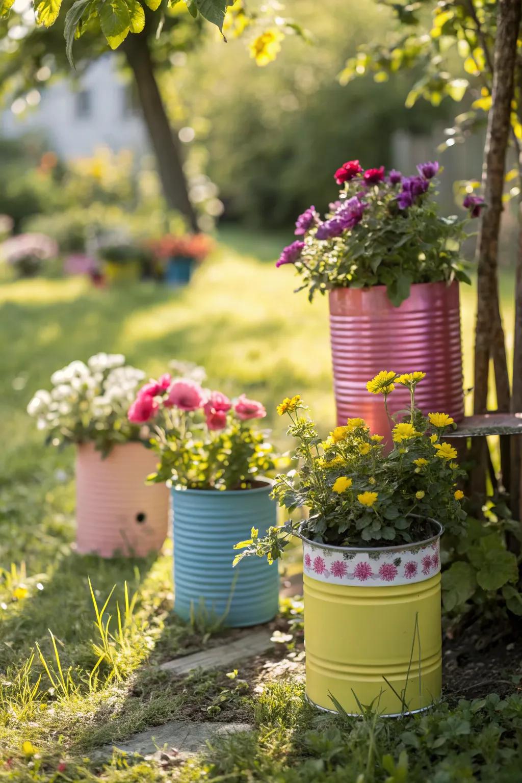 Quirky tin can planters with vibrant blooms